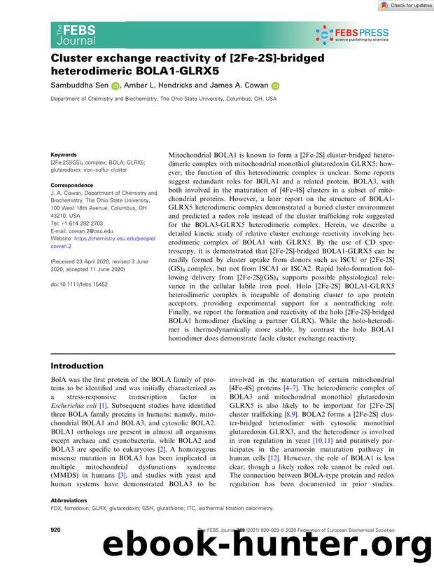 Cluster exchange reactivity of [2Feâ2S]âbridged heterodimeric BOLA1âGLRX5 by Unknown