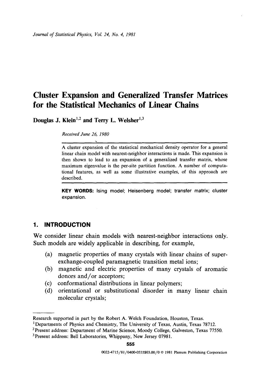 Cluster expansion and generalized transfer matrices for the statistical mechanics of linear chains by Unknown