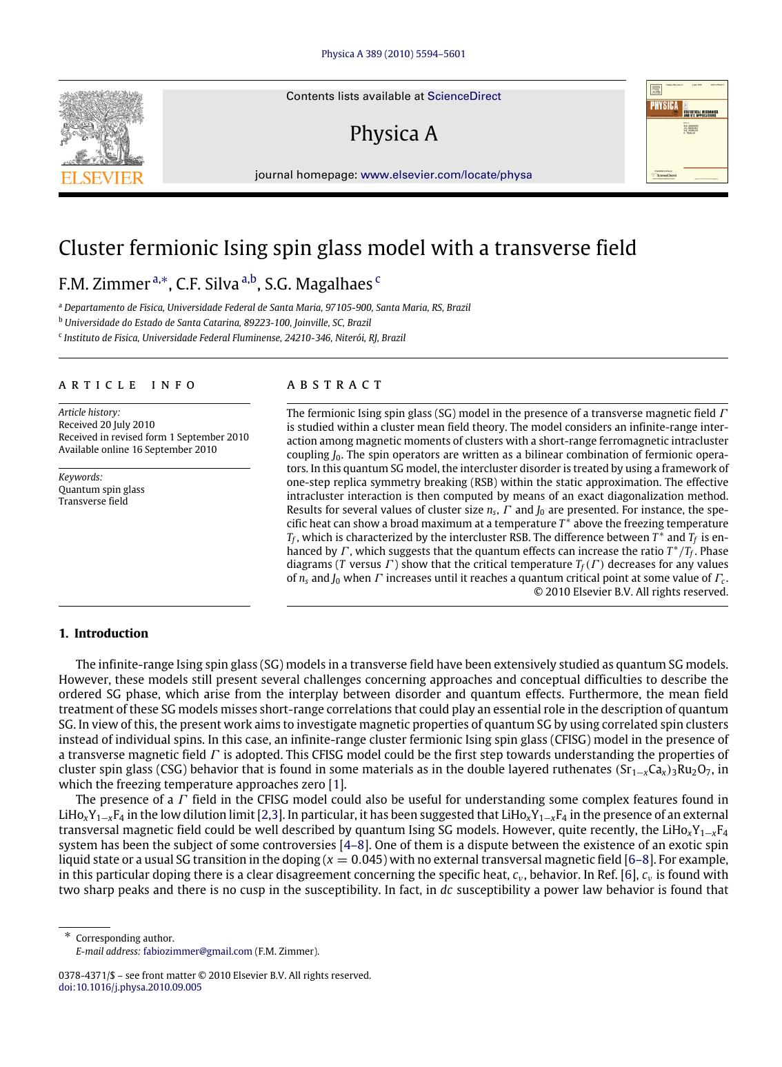 Cluster fermionic Ising spin glass model with a transverse field by F.M. Zimmer & C.F. Silva & S.G. Magalhaes