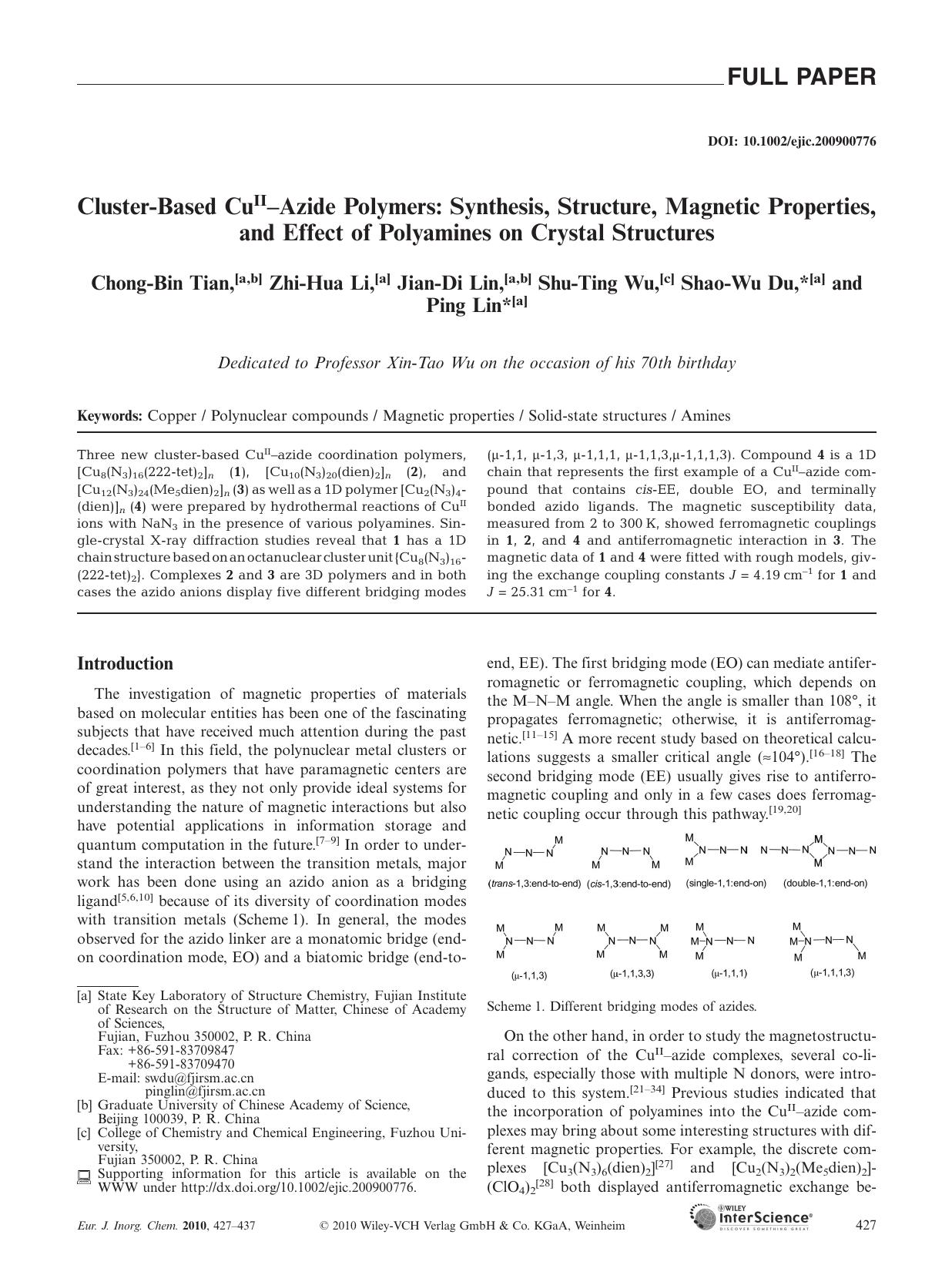 Cluster-Based CuII-Azide Polymers: Synthesis, Structure, Magnetic Properties, and Effect of Polyamines on Crystal Structures by Unknown