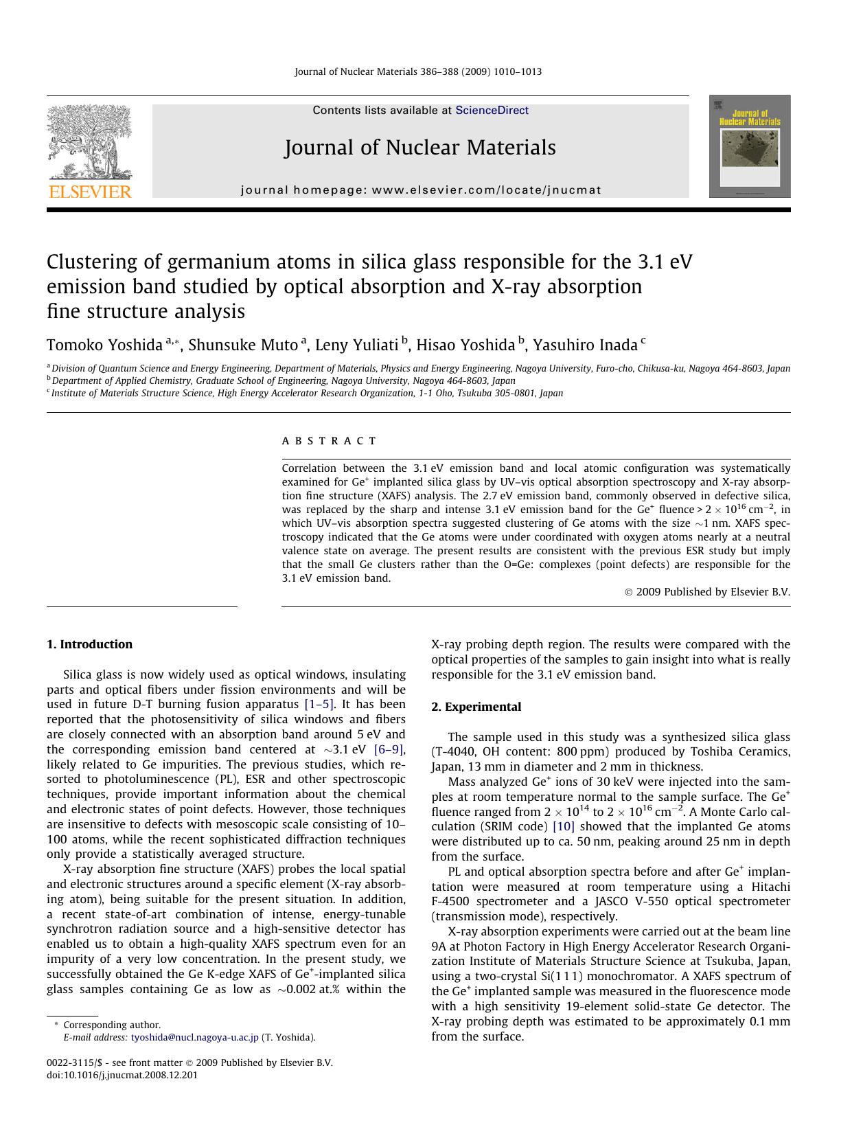 Clustering of germanium atoms in silica glass responsible for the 3.1eV emission band studied by optical absorption and X-ray absorption fine structure analysis by Tomoko Yoshida; Shunsuke Muto; Leny Yuliati; Hisao Yoshida; Yasuhiro Inada