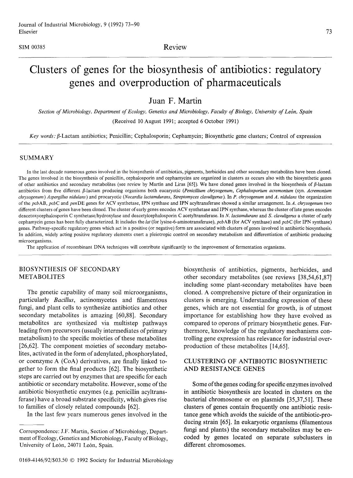 Clusters of genes for the biosynthesis of antibiotics: Regulatory genes and overproduction of pharmaceuticals by Unknown