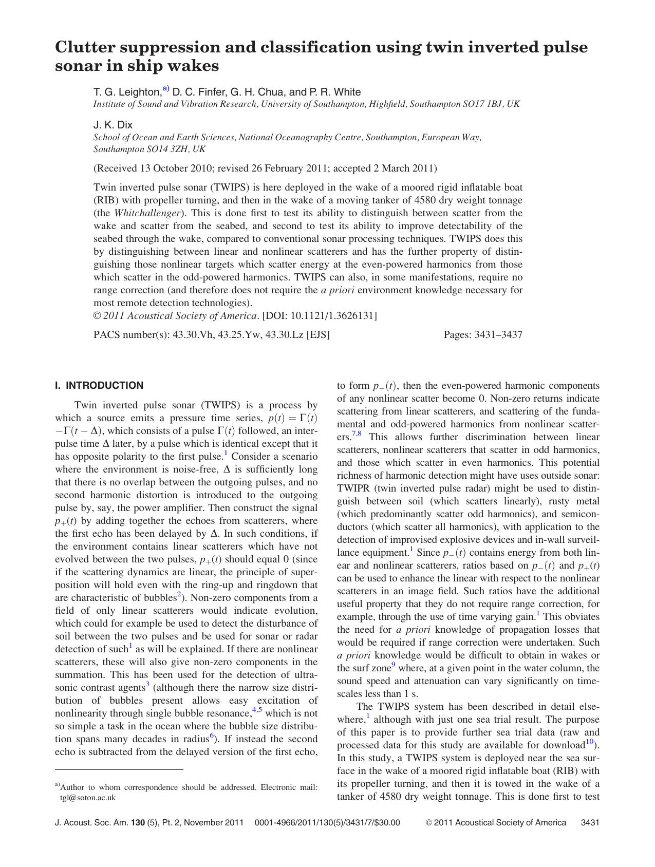 Clutter suppression and classification using twin inverted pulse sonar in ship wakes by T. G. Leighton D. C. Finfer G. H. Chua P. R. White and J. K. Dix