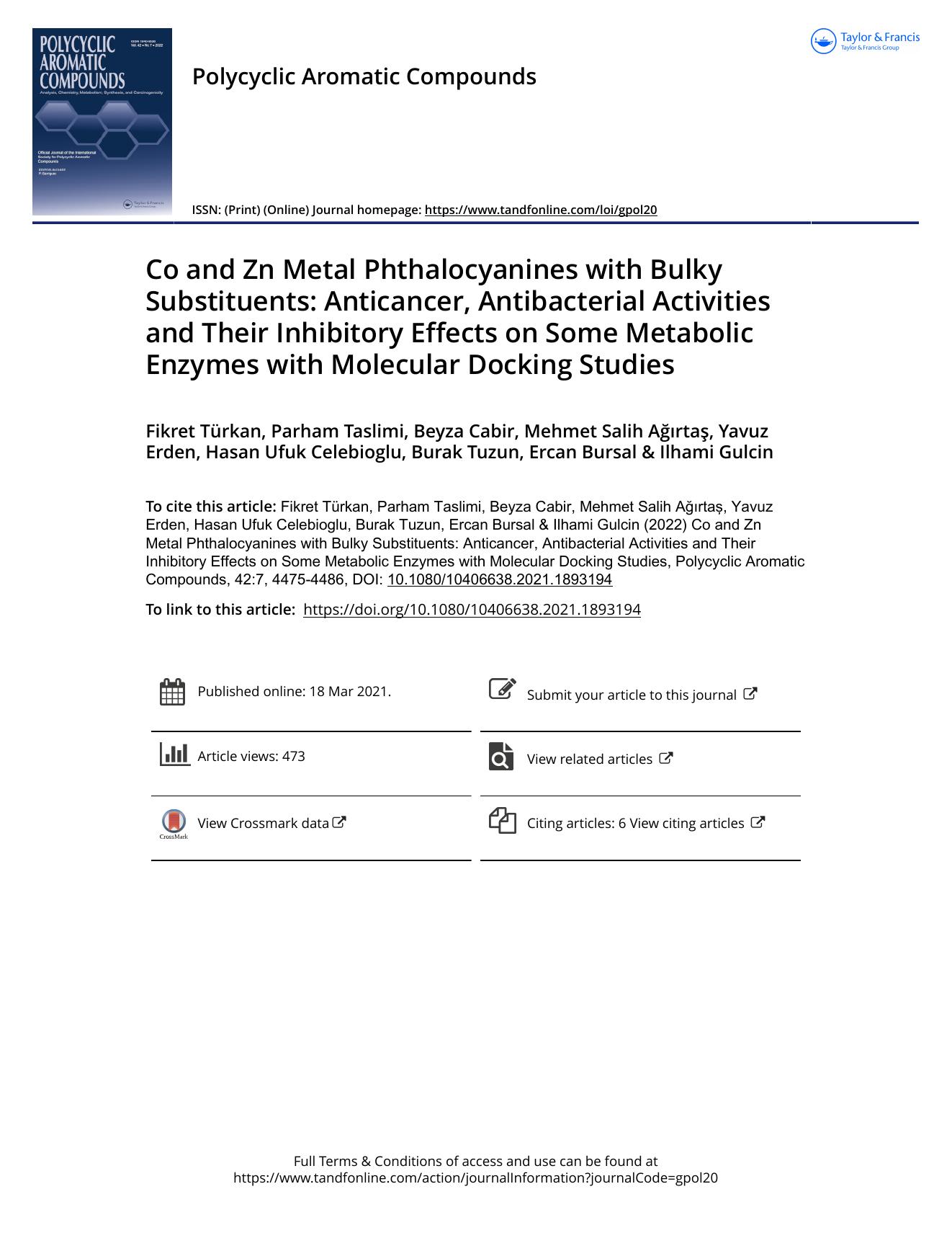 Co and Zn Metal Phthalocyanines with Bulky Substituents: Anticancer, Antibacterial Activities and Their Inhibitory Effects on Some Metabolic Enzymes with Molecular Docking Studies by unknow