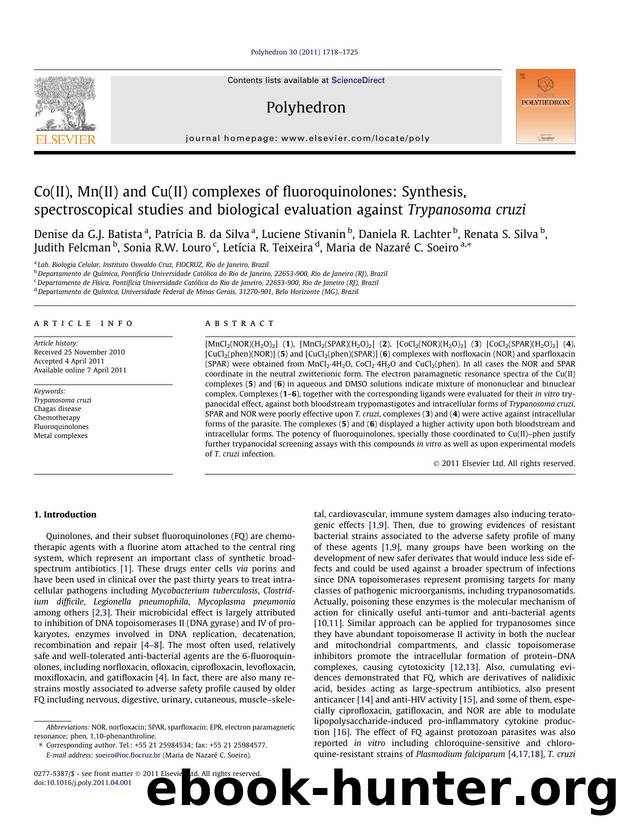 Co(II), Mn(II) and Cu(II) complexes of fluoroquinolones: Synthesis, spectroscopical studies and biological evaluation against Trypanosoma cruzi by unknow