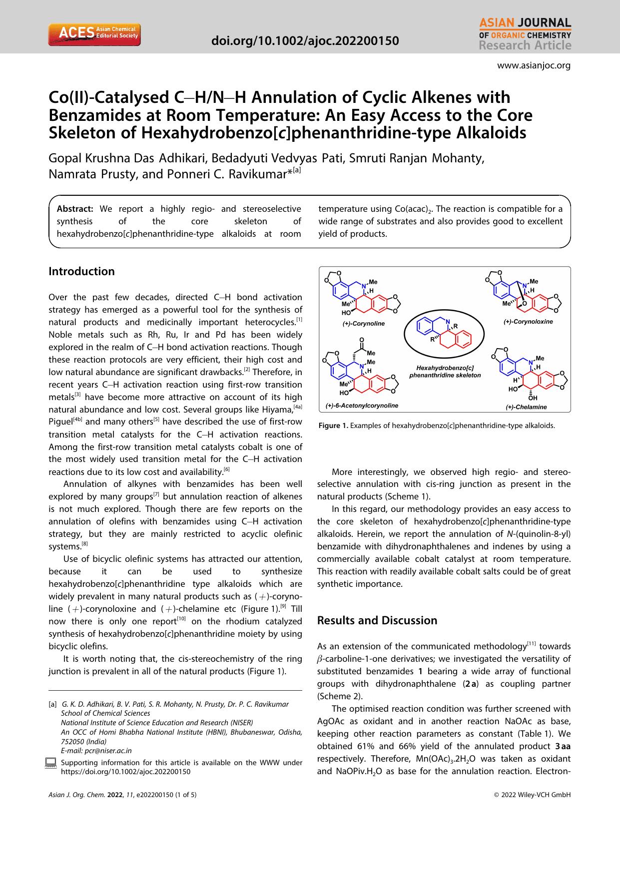 Co(II)âCatalysed CâHNâH Annulation of Cyclic Alkenes with Benzamides at Room Temperature: An Easy Access to the Core Skeleton of Hexahydrobenzo[c]phenanthridineâtype Alkaloids by Unknown