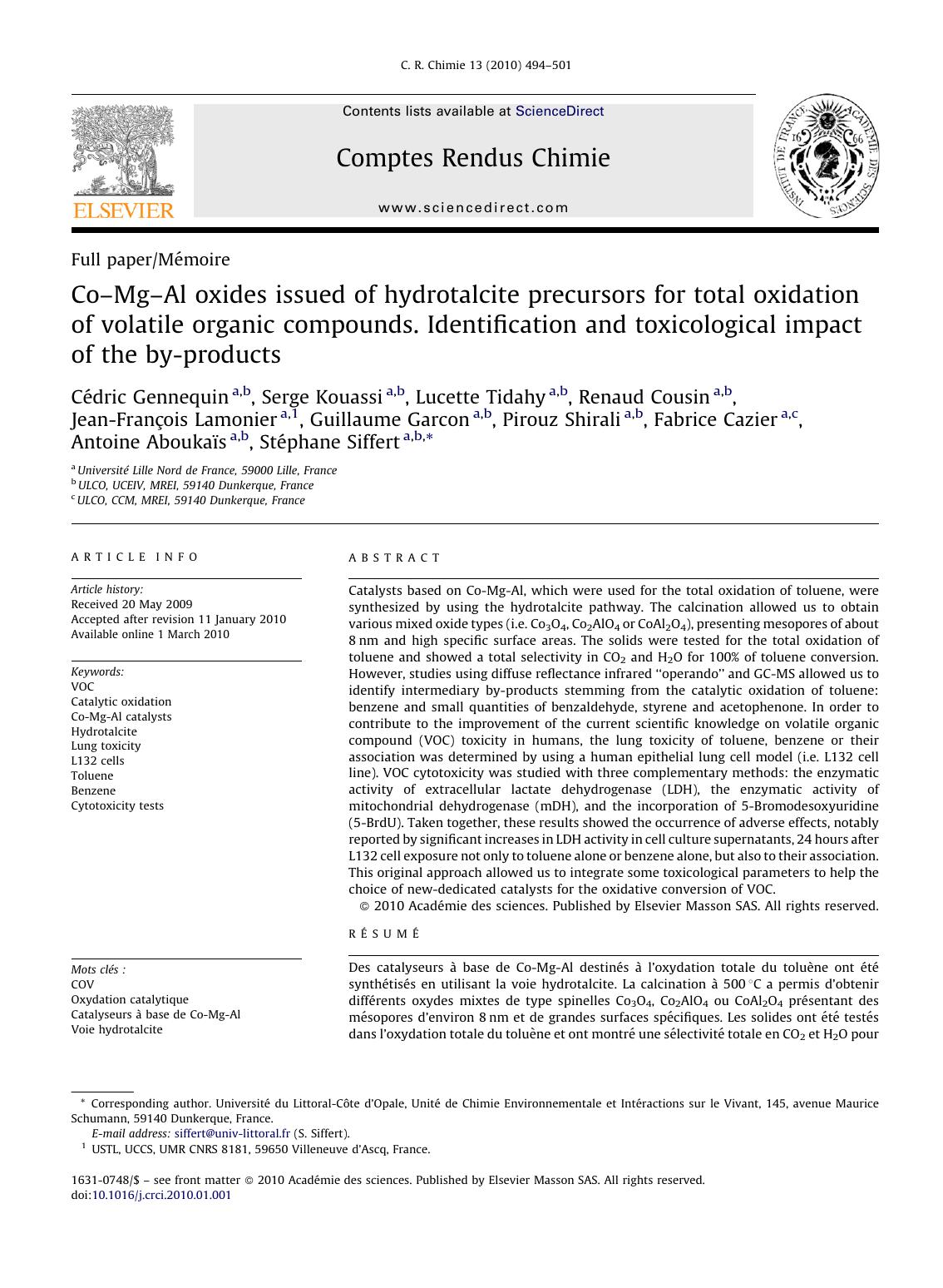 CoÃ¢â¬âMgÃ¢â¬âAl oxides issued of hydrotalcite precursors for total oxidation of volatile organic compounds. Identification and toxicological impact of the by-products by unknow