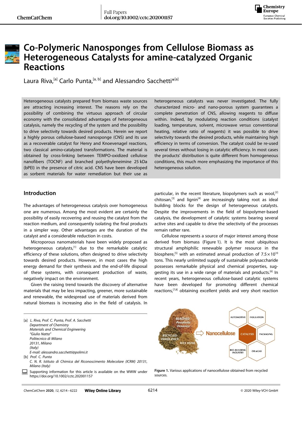 CoâPolymeric Nanosponges from Cellulose Biomass as Heterogeneous Catalysts for amineâcatalyzed Organic Reactions by Unknown