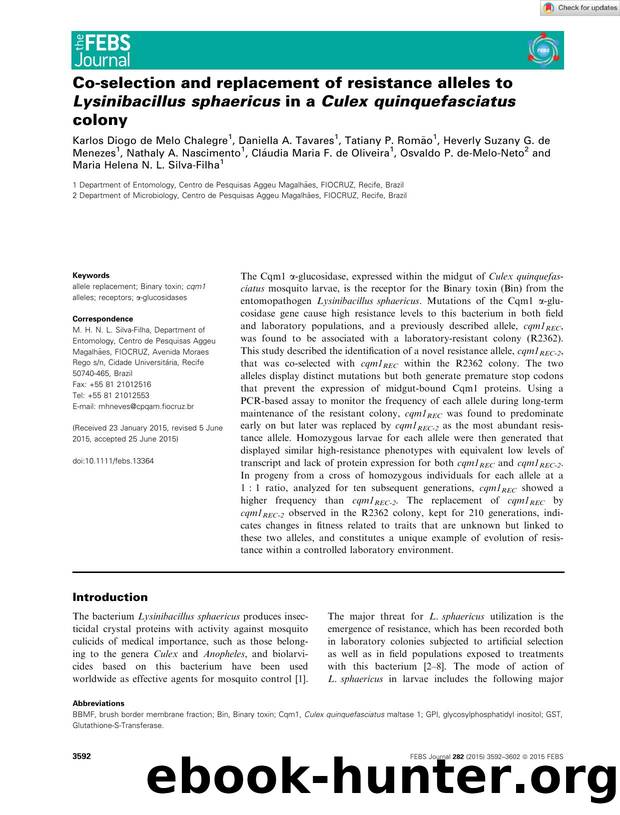 Coâselection and replacement of resistance alleles to LysinibacillusÂ sphaericus in a CulexÂ quinquefasciatus colony by Unknown