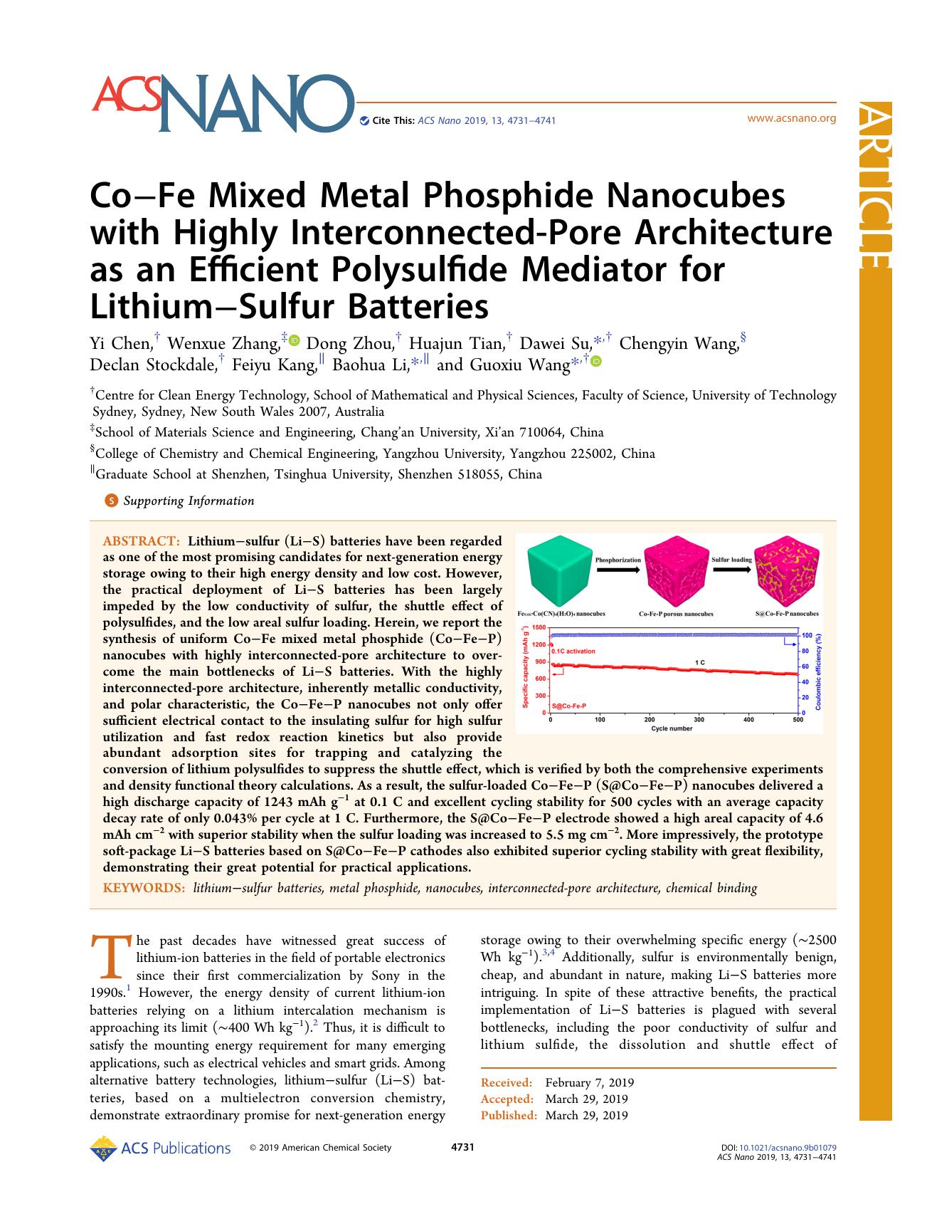 CoâFe Mixed Metal Phosphide Nanocubes with Highly Interconnected-Pore Architecture as an Efficient Polysulfide Mediator for LithiumâSulfur Batteries by unknow