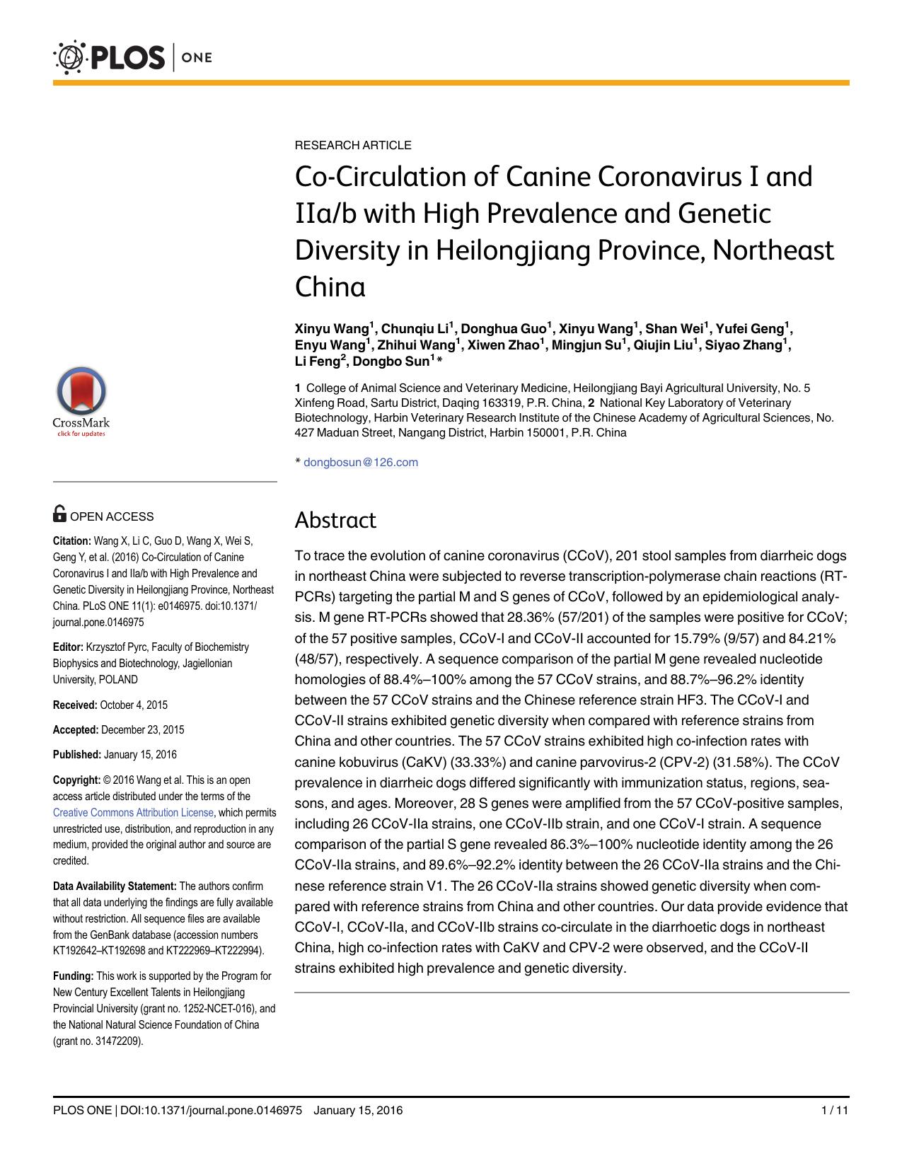 Co-Circulation of Canine Coronavirus I and IIab with High Prevalence and Genetic Diversity in Heilongjiang Province, Northeast China by unknow