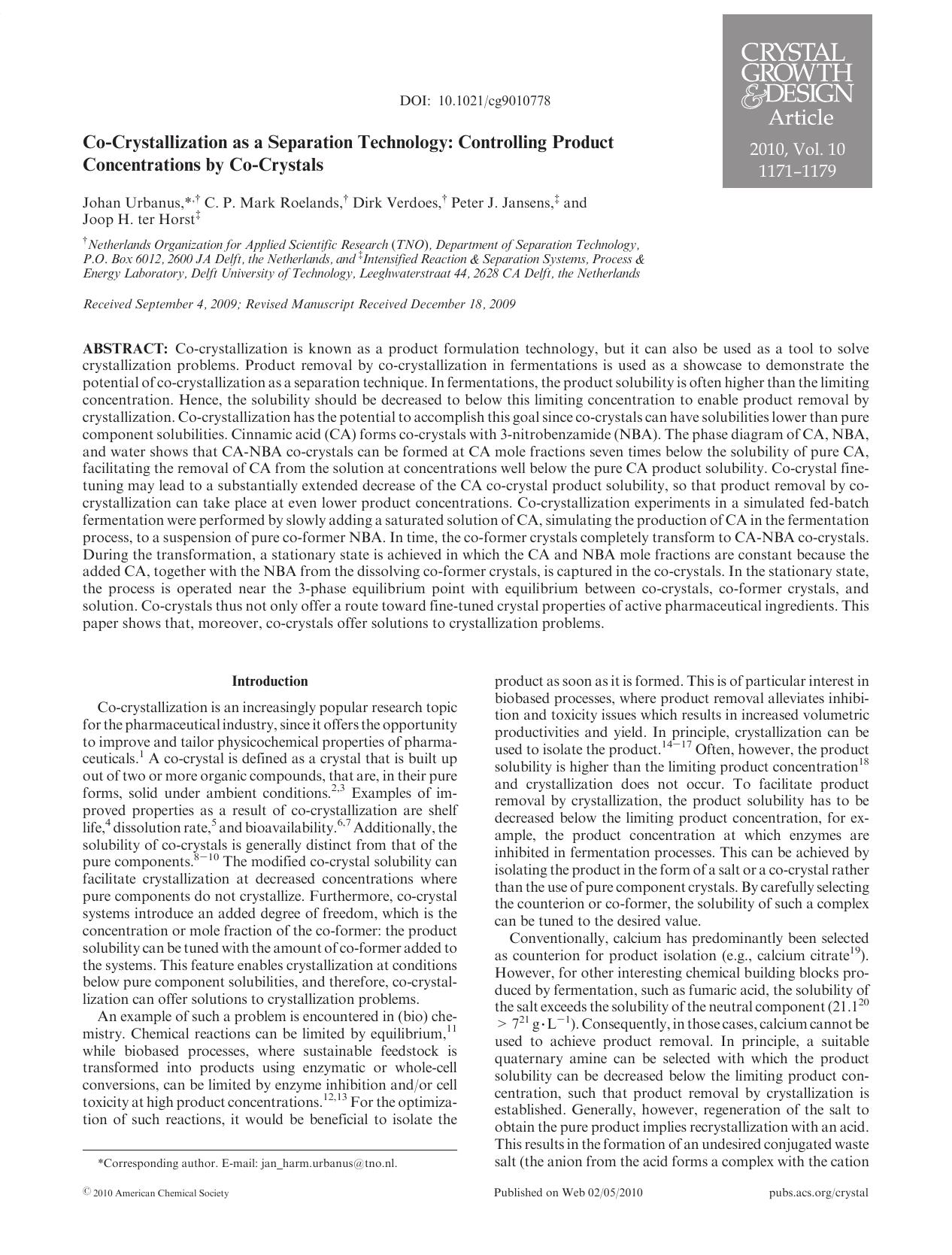 Co-Crystallization as a Separation Technology: Controlling Product Concentrations by Co-Crystals by Unknown