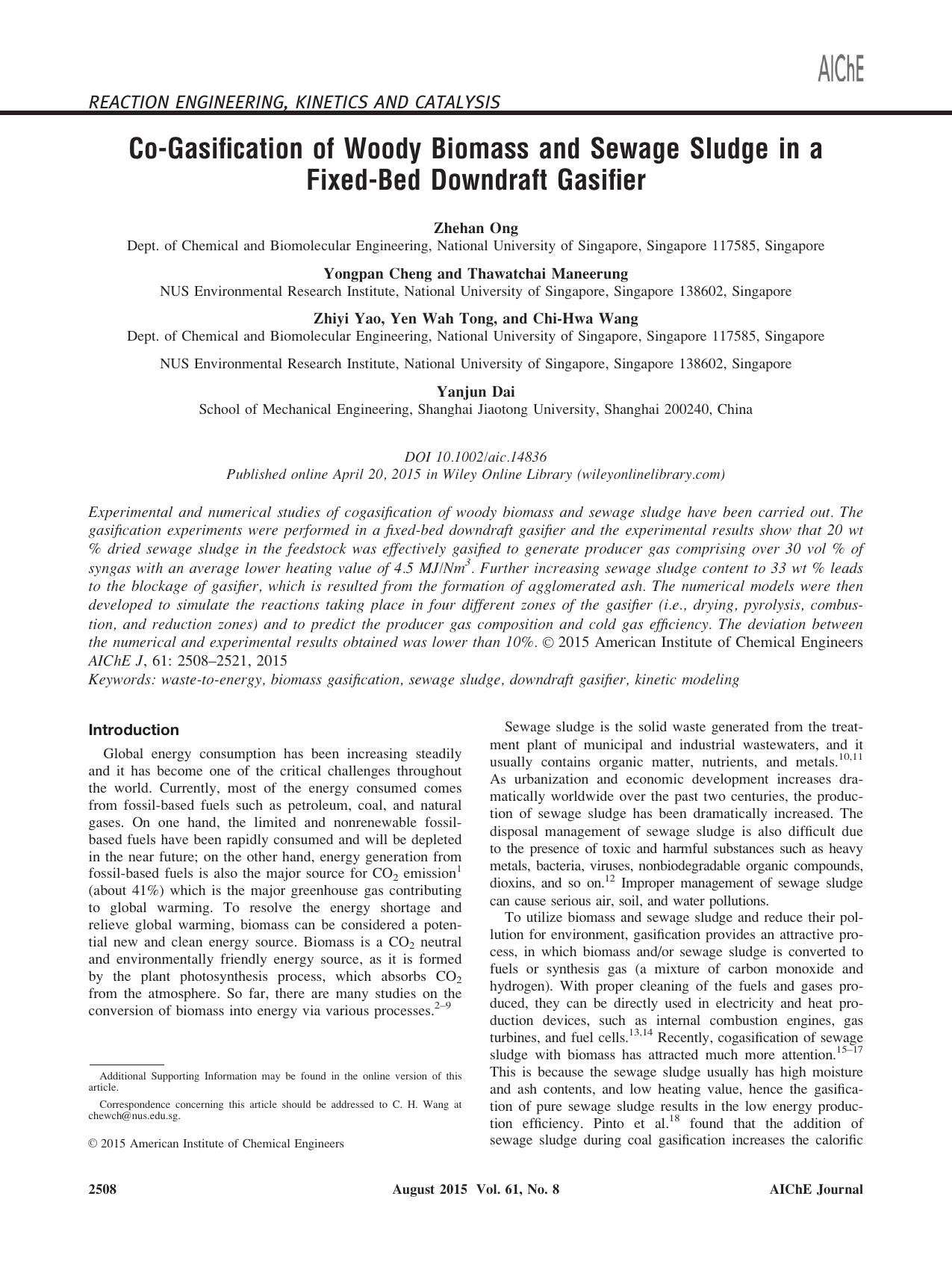 Co-Gasification of Woody Biomass and Sewage Sludge in a Fixed‐Bed Downdraft Gasifier by Unknown