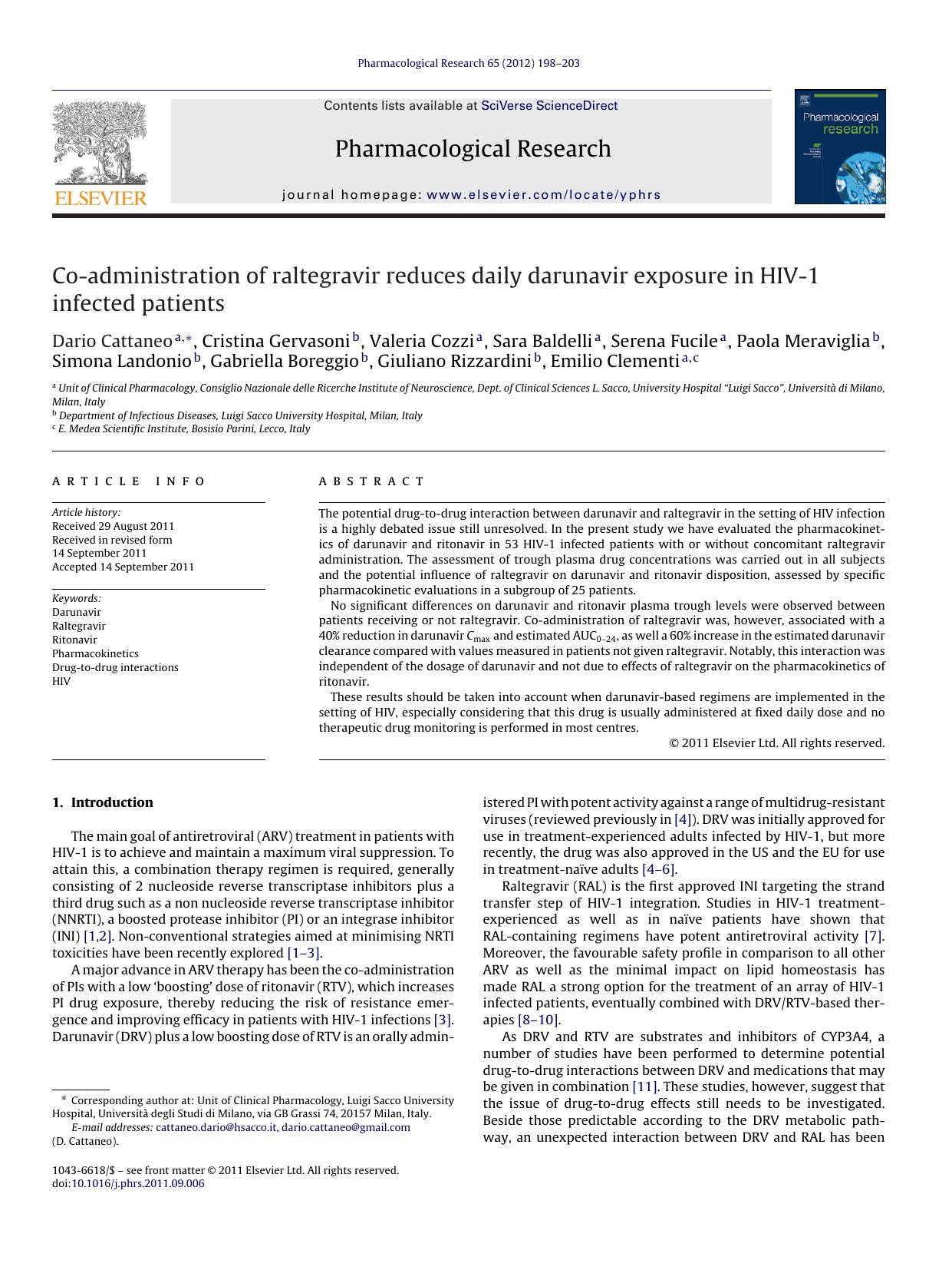 Co-administration of raltegravir reduces daily darunavir exposure in HIV-1 infected patients by Dario Cattaneo