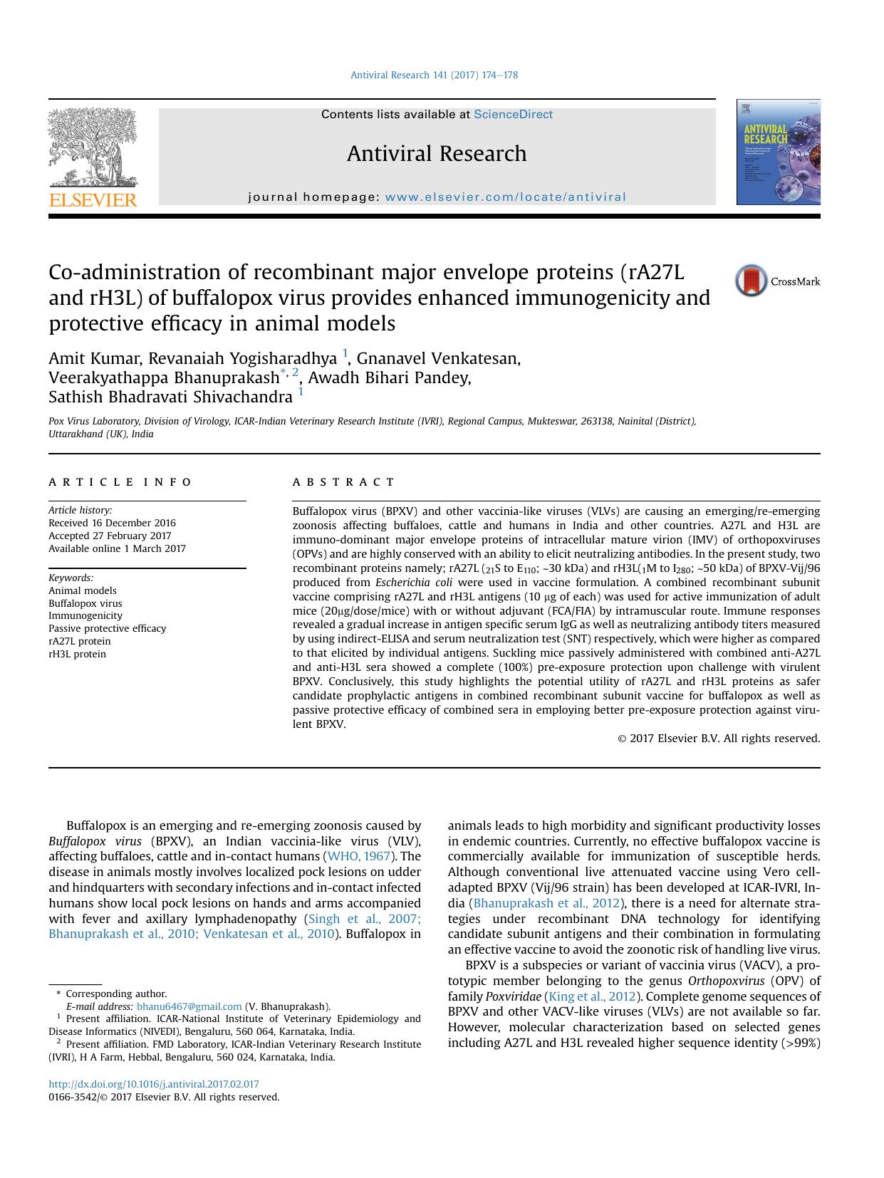 Co-administration of recombinant major envelope proteins (rA27L and rH3L) of buffalopox virus provides enhanced immunogenicity and protective efficacy in animal models by unknow