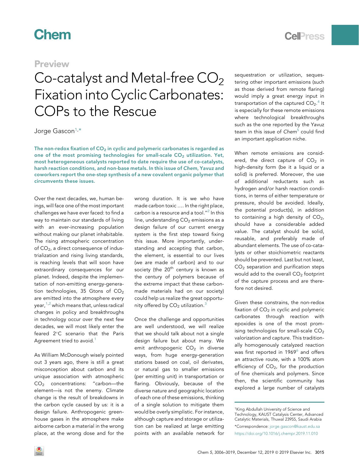Co-catalyst and Metal-free CO2 Fixation into Cyclic Carbonates: COPs to the Rescue by Jorge Gascon