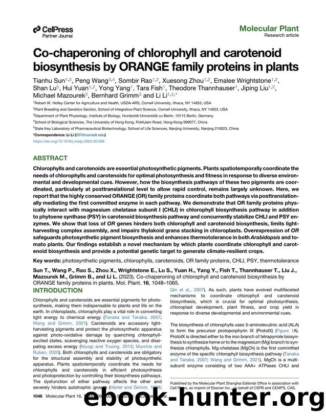 Co-chaperoning of chlorophyll and carotenoid biosynthesis by ORANGE family proteins in plants by unknow