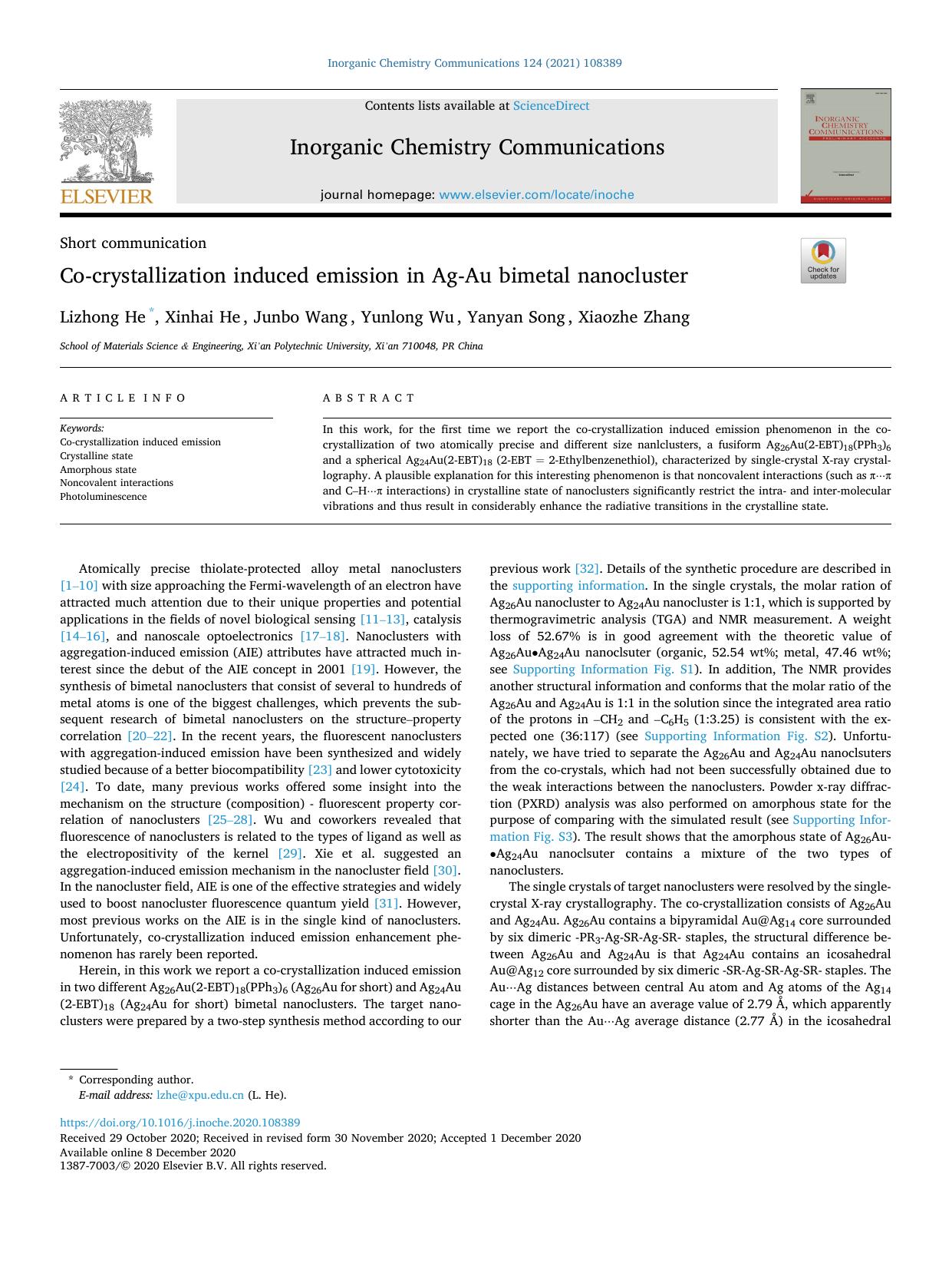 Co-crystallization induced emission in Ag-Au bimetal nanocluster by Lizhong He
