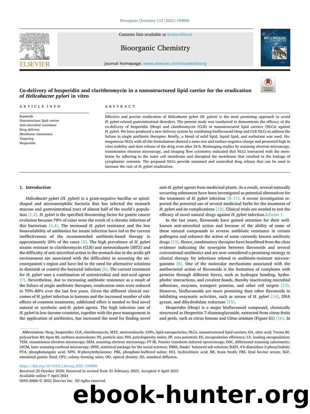 Co-delivery of hesperidin and clarithromycin in a nanostructured lipid carrier for the eradication of Helicobacter pylori in vitro by unknow