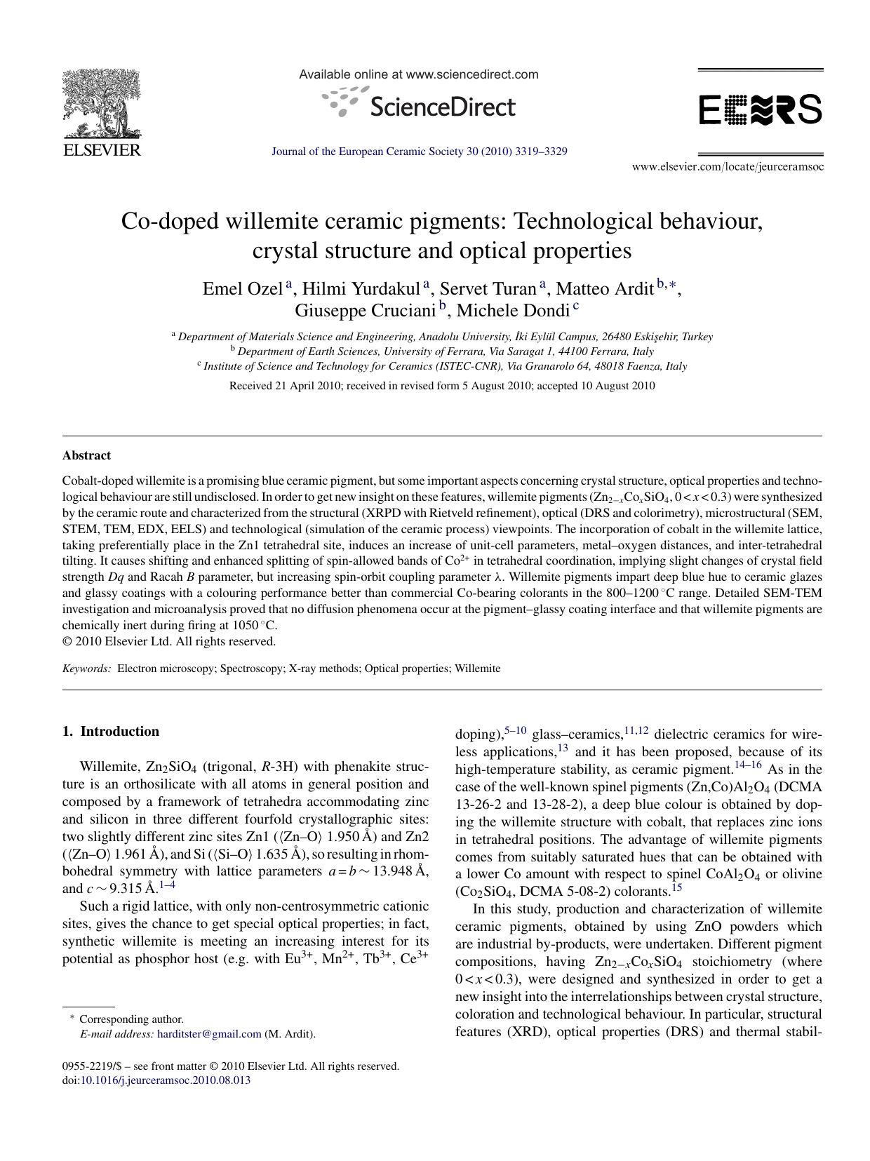 Co-doped willemite ceramic pigments: Technological behaviour, crystal structure and optical properties by Emel Ozel