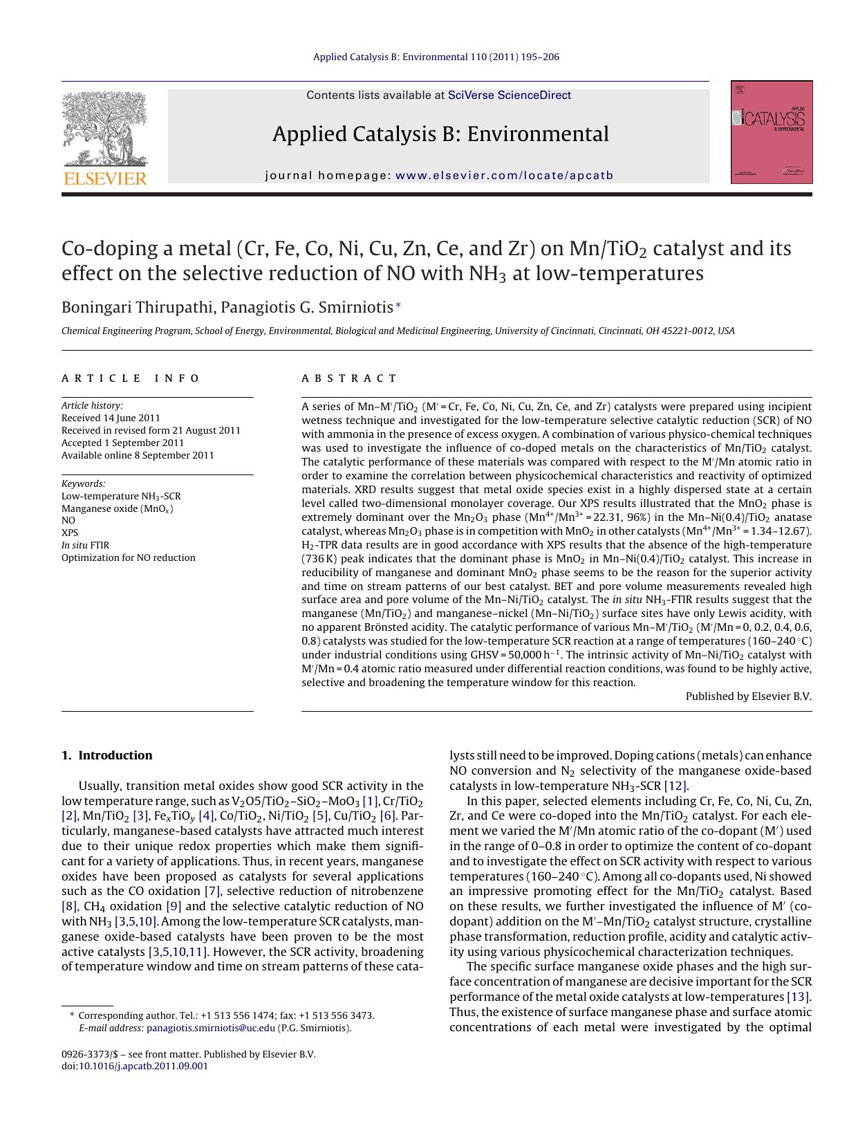 Co-doping a metal (Cr, Fe, Co, Ni, Cu, Zn, Ce, and Zr) on MnTiO2 catalyst and its effect on the selective reduction of NO with NH3 at low-temperatures by Boningari Thirupathi