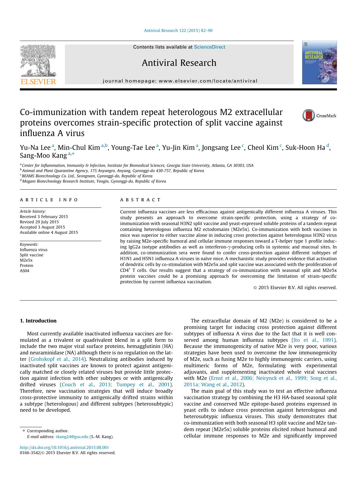 Co-immunization with tandem repeat heterologous M2 extracellular proteins overcomes strain-specific protection of split vaccine against influenza A virus by unknow
