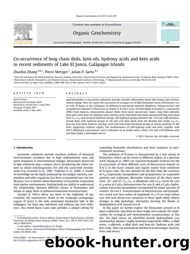 Co-occurrence of long chain diols, keto-ols, hydroxy acids and keto acids in recent sediments of Lake El Junco, GalÃ¡pagos Islands by Zhaohui Zhang & Pierre Metzger & Julian P. Sachs
