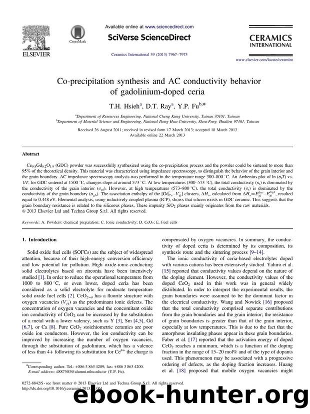 Co-precipitation synthesis and AC conductivity behavior of gadolinium-doped ceria by T.H. Hsieh & D.T. Ray & Y.P. Fu