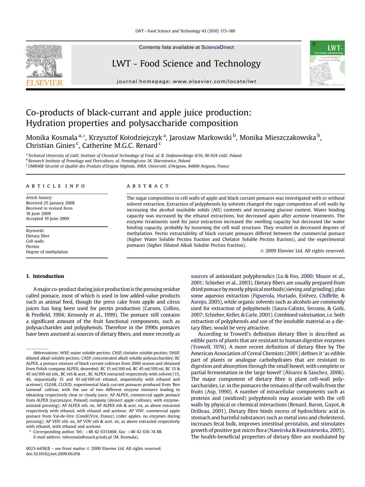 Co-products of black-currant and apple juice production: Hydration properties and polysaccharide composition by unknow