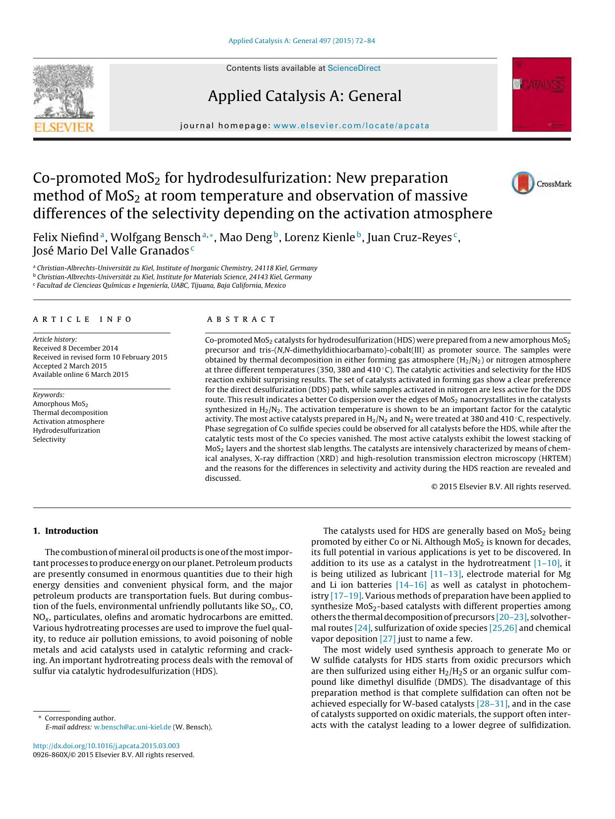 Co-promoted MoS2 for hydrodesulfurization: New preparation method of MoS2 at room temperature and observation of massive differences of the selectivity depending on the activation atmosphere by unknow
