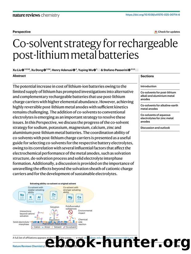 Co-solvent strategy for rechargeable post-lithium metal batteries by Xu Liu & Xu Dong & Henry Adenusi & Yuping Wu & Stefano Passerini