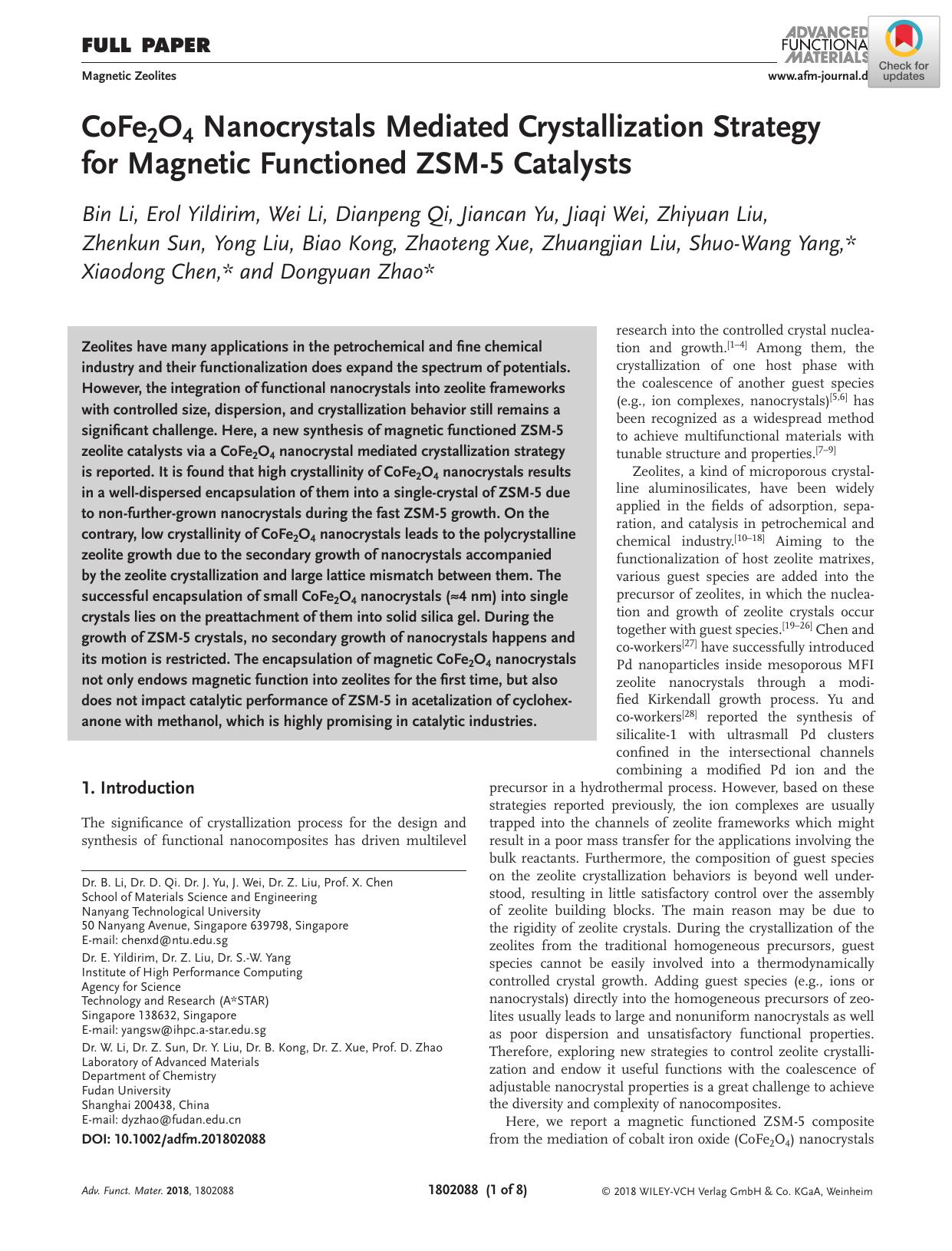 CoFe2O4 Nanocrystals Mediated Crystallization Strategy for Magnetic Functioned ZSMâ5 Catalysts by Unknown