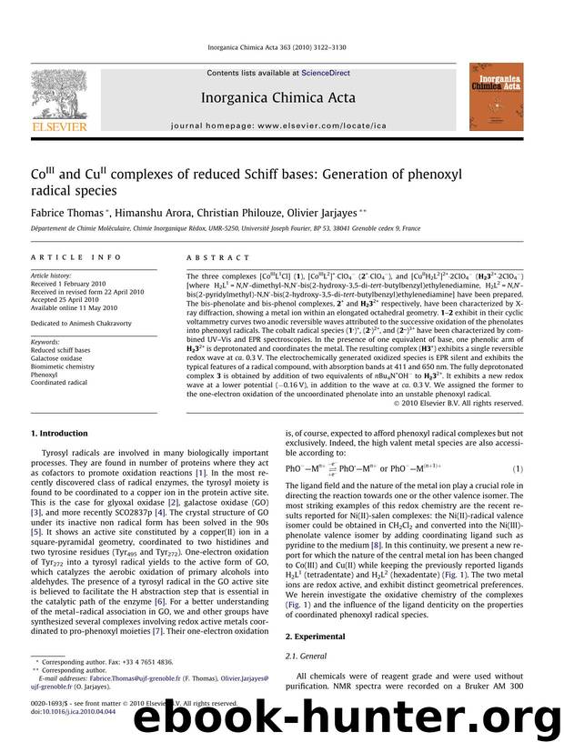 CoIII and CuII complexes of reduced Schiff bases: Generation of phenoxyl radical species by Fabrice Thomas & Himanshu Arora & Christian Philouze & Olivier Jarjayes