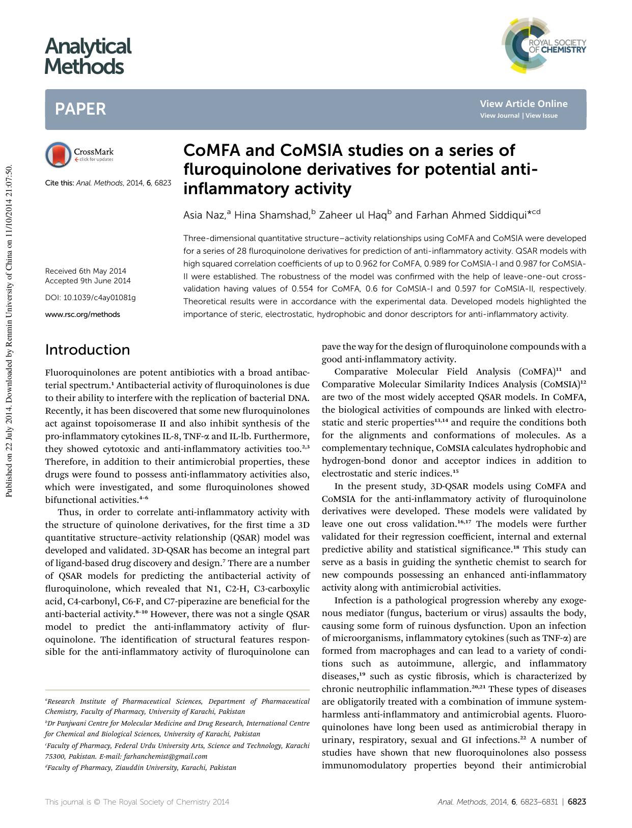 CoMFA and CoMSIA studies on a series of fluroquinolone derivatives for potential anti-inflammatory activity by Asia Naz & Hina Shamshad & Zaheer ul Haq & Farhan Ahmed Siddiqui