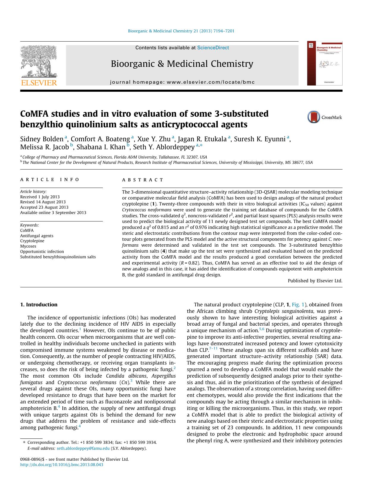 CoMFA studies and in vitro evaluation of some 3-substituted benzylthio quinolinium salts as anticryptococcal agents by unknow