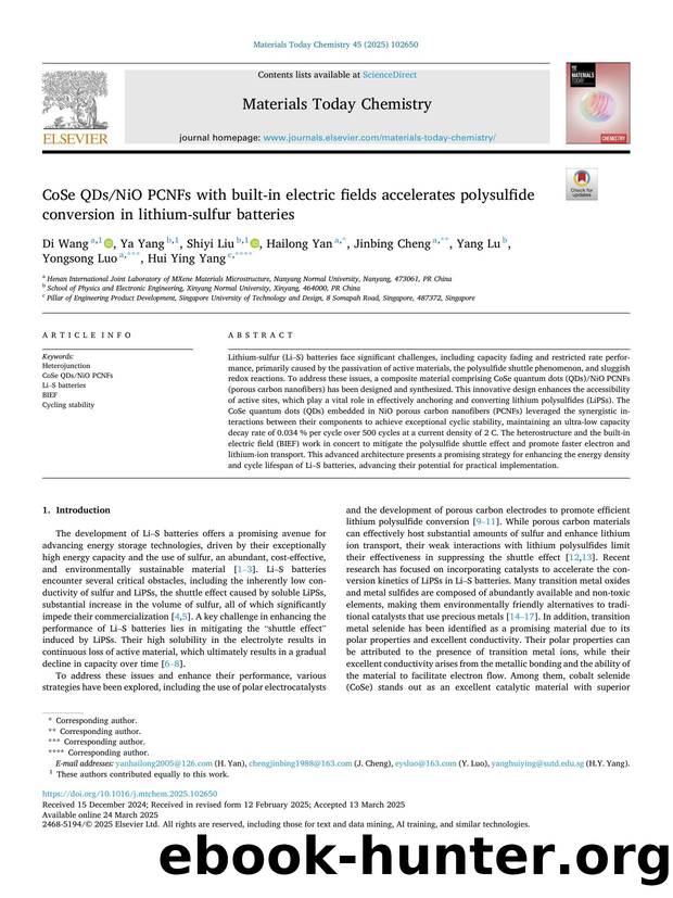 CoSe QDsNiO PCNFs with built-in electric fields accelerates polysulfide conversion in lithium-sulfur batteries by Di Wang & Ya Yang & Shiyi Liu & Hailong Yan & Jinbing Cheng & Yang Lu & Yongsong Luo & Hui Ying Yang