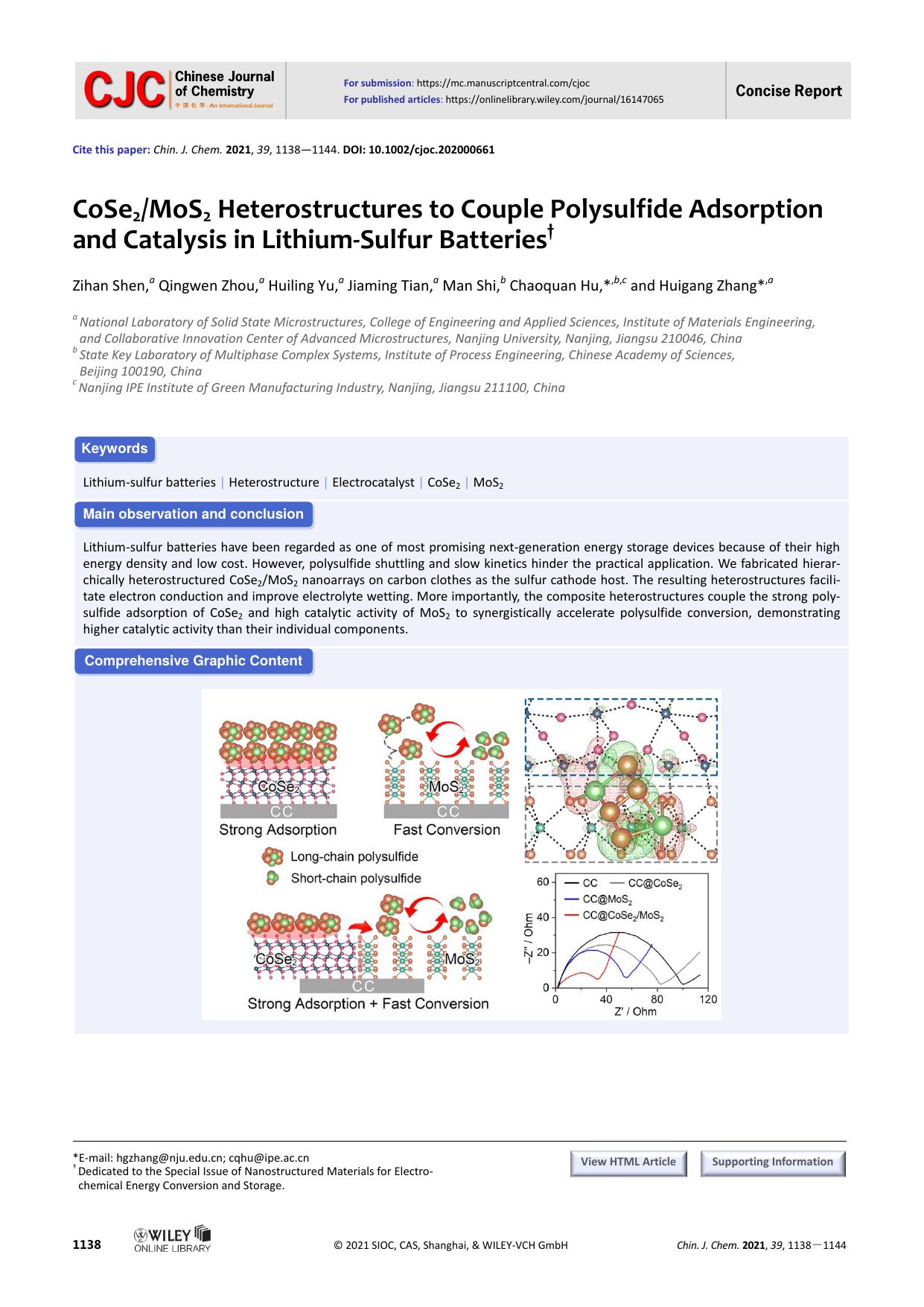 CoSe2MoS2 Heterostructures to Couple Polysulfide Adsorption and Catalysis in Lithium-Sulfur batteries by dwf