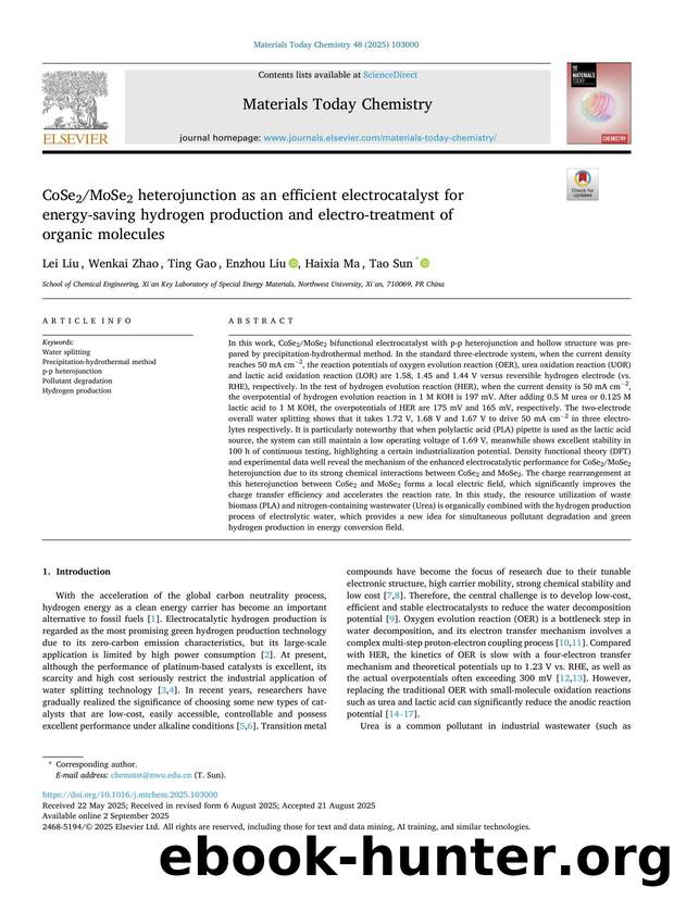 CoSe2MoSe2 heterojunction as an efficient electrocatalyst for energy-saving hydrogen production and electro-treatment of organic molecules by Lei Liu & Wenkai Zhao & Ting Gao & Enzhou Liu & Haixia Ma & Tao Sun