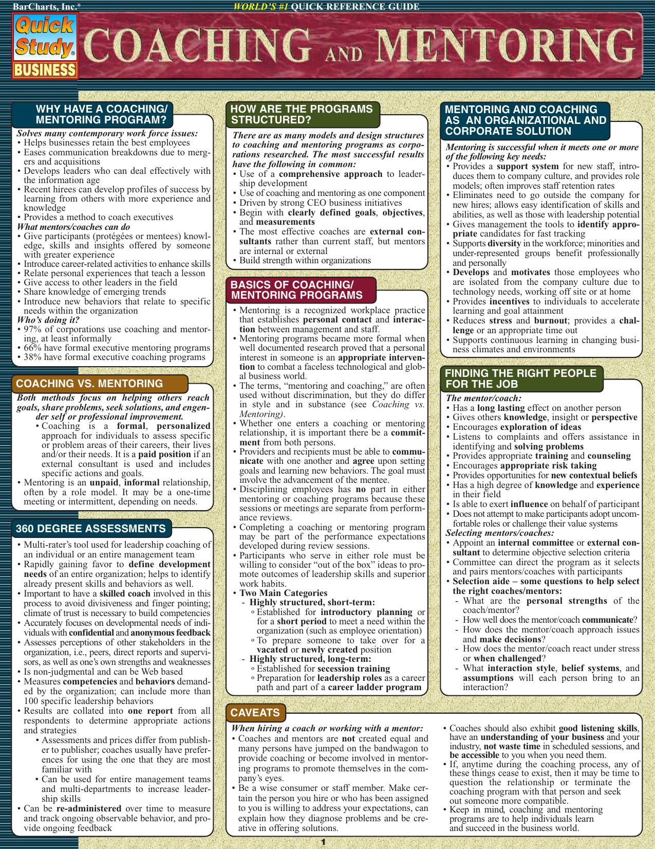 Coaching & Mentoring Quick Reference Guide (Quick Study Business) by Toby Berger