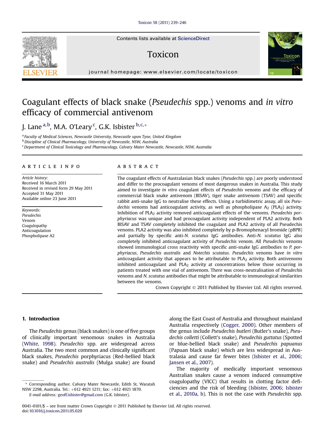 Coagulant effects of black snake (Pseudechis spp.) venoms and in&nbsp;vitro efficacy of commercial antivenom by J. Lane & M.A. O’Leary & G.K. Isbister