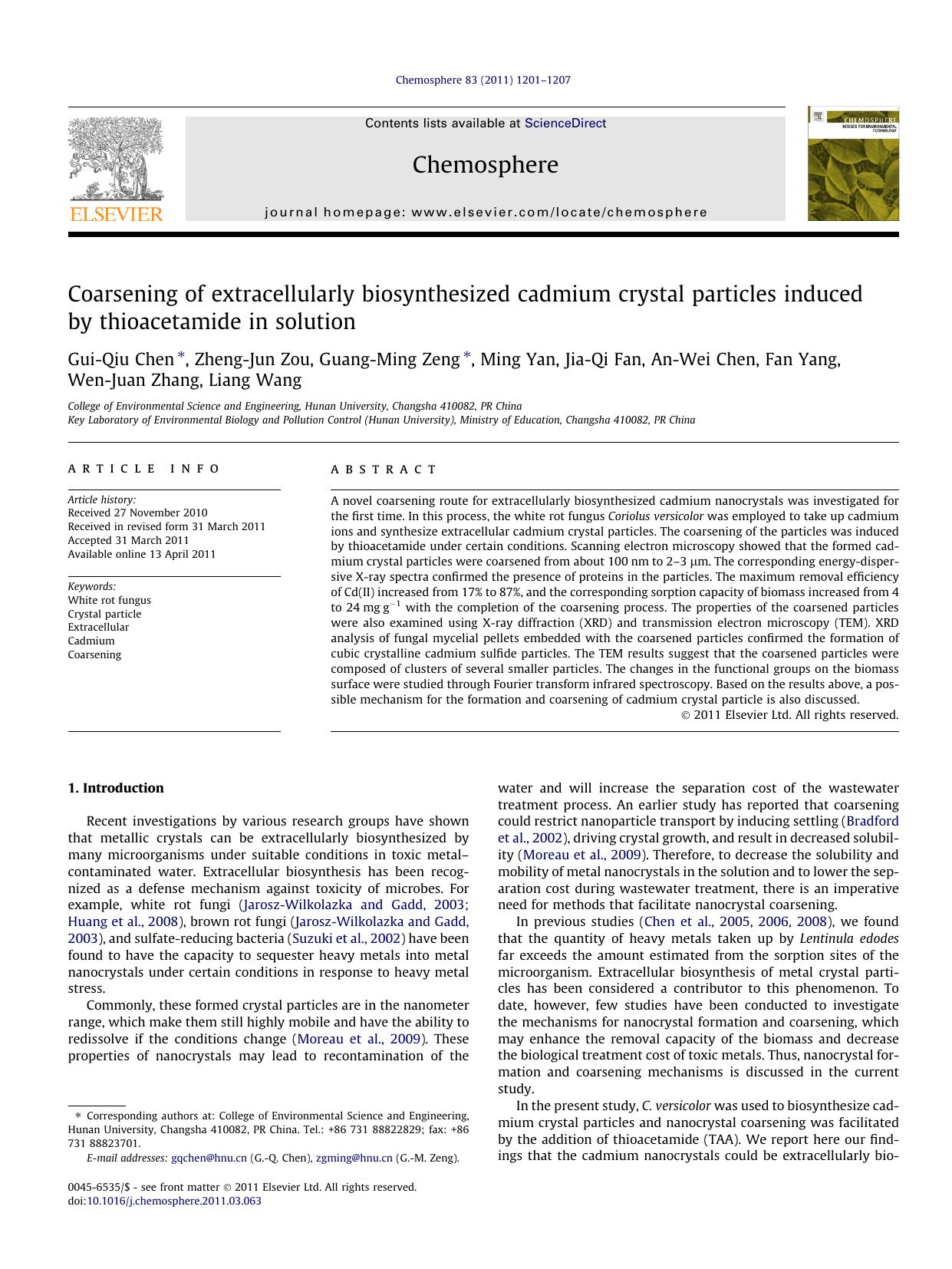 Coarsening of extracellularly biosynthesized cadmium crystal particles induced by thioacetamide in solution by unknow