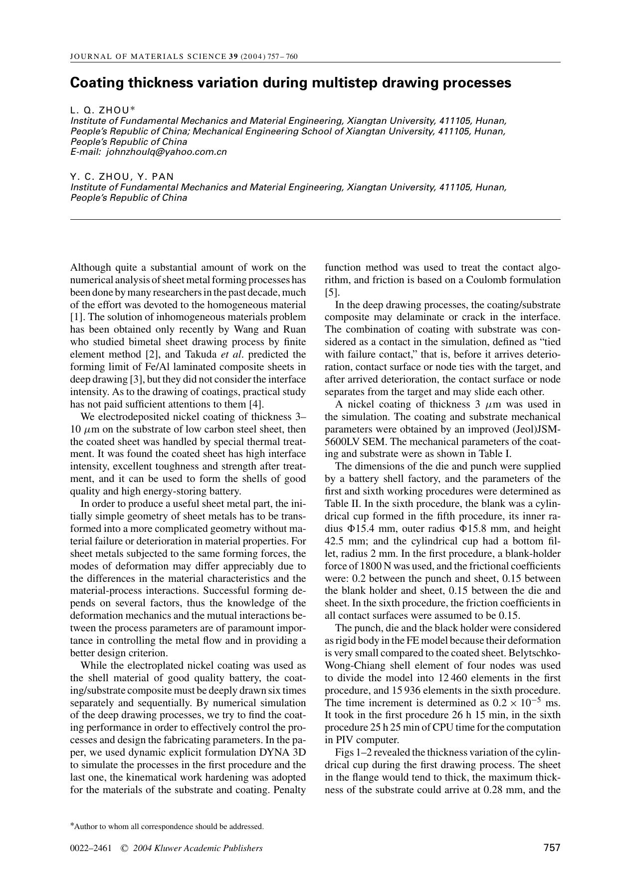 Coating thickness variation during multistep drawing processes by Unknown