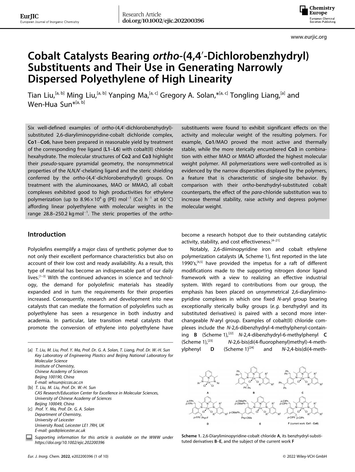 Cobalt Catalysts Bearing orthoâ(4,4â²âDichlorobenzhydryl) Substituents and Their Use in Generating Narrowly Dispersed Polyethylene of High Linearity by Unknown