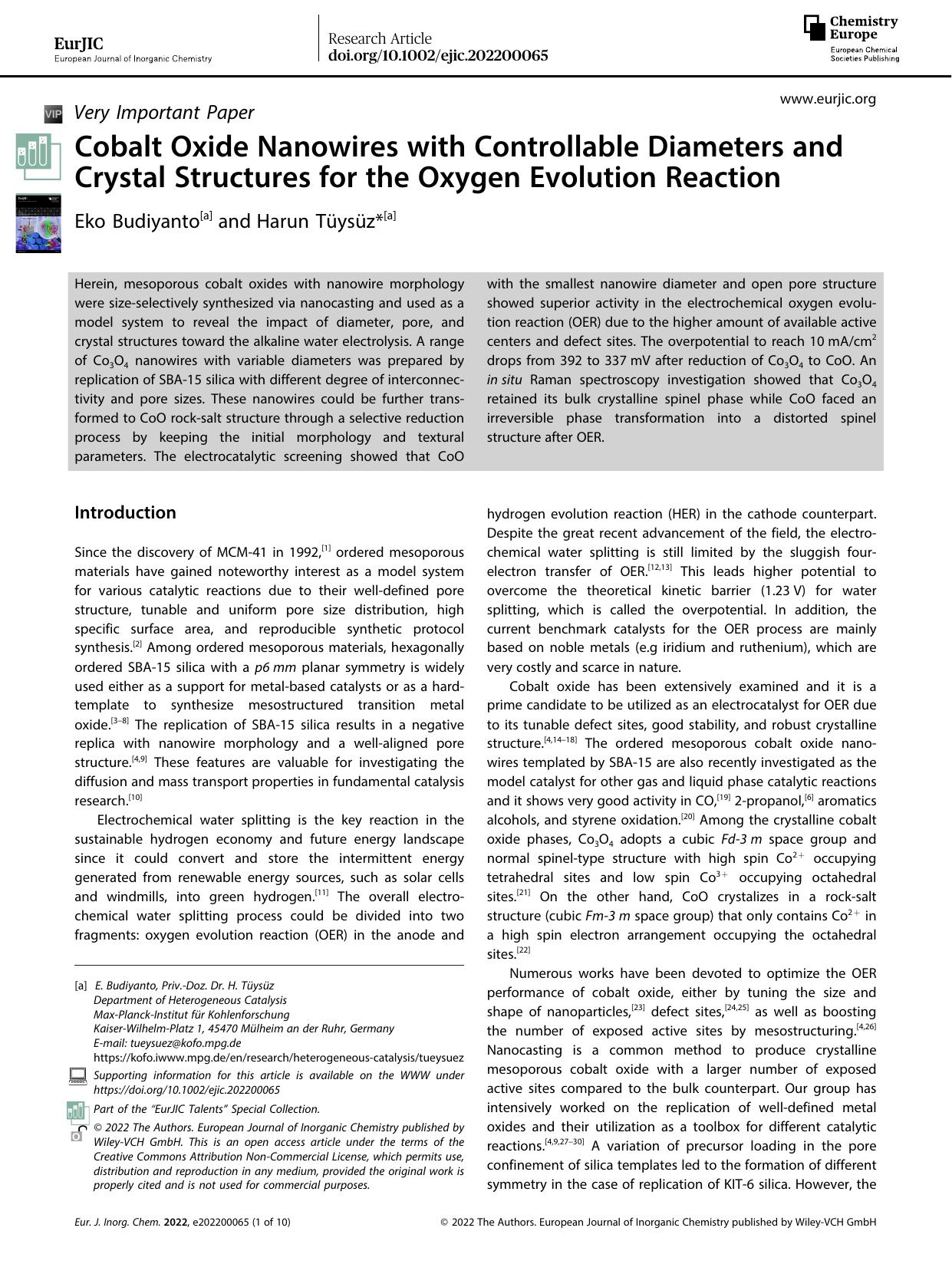 Cobalt Oxide Nanowires with Controllable Diameters and Crystal Structures for the Oxygen Evolution Reaction by Unknown