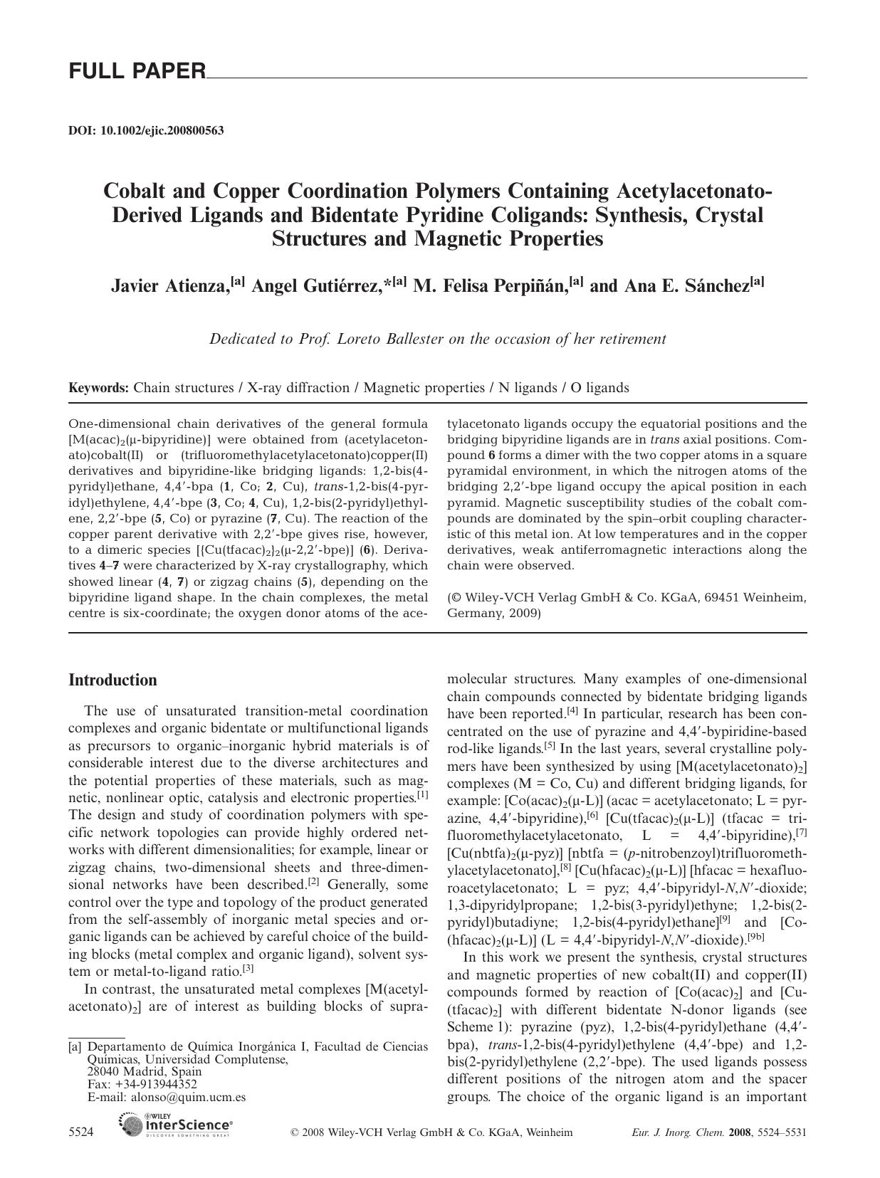 Cobalt and Copper Coordination Polymers Containing Acetylacetonato-Derived Ligands and Bidentate Pyridine Coligands: Synthesis, Crystal Structures and Magnetic Properties by Unknown