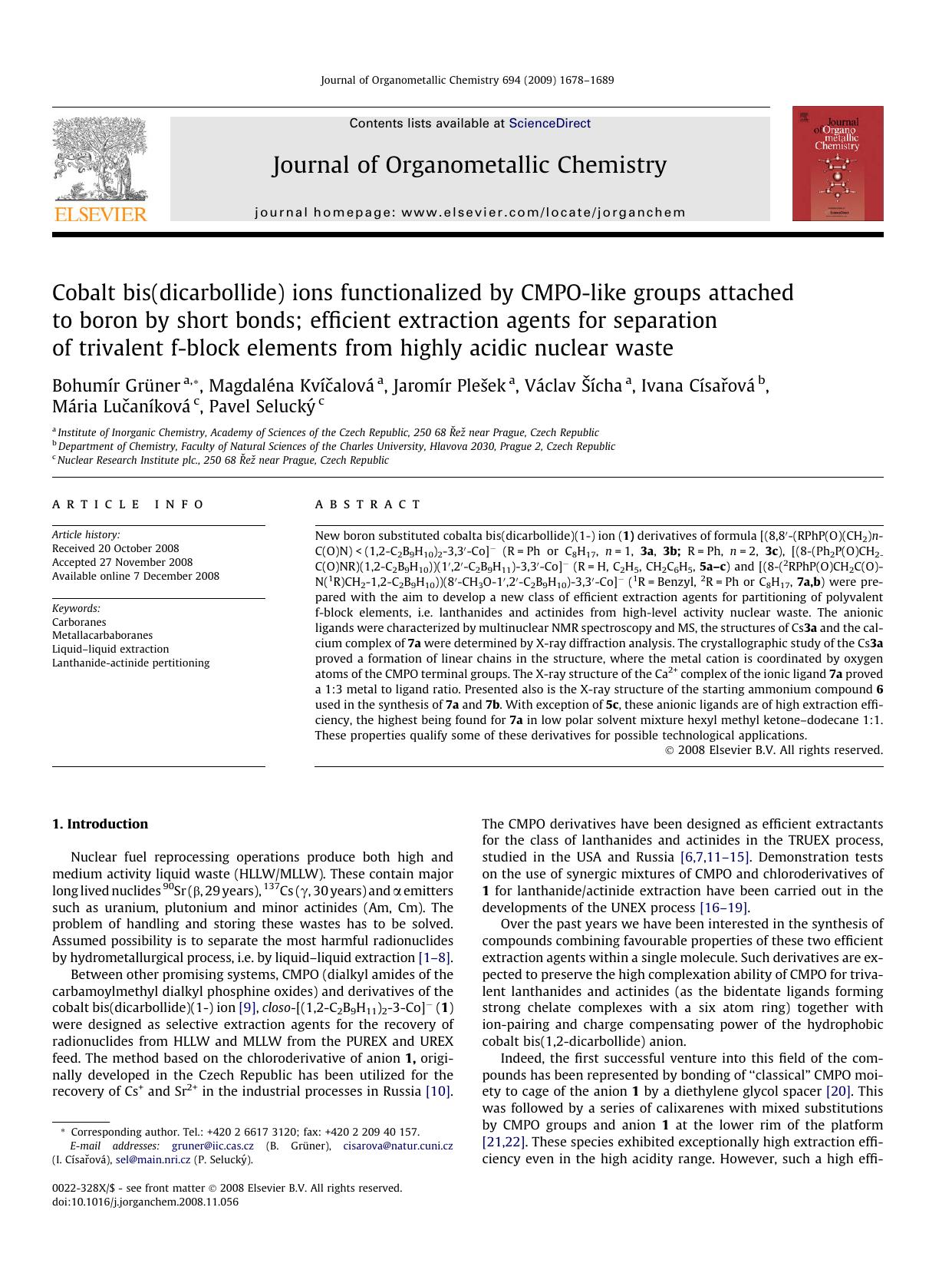 Cobalt bis(dicarbollide) ions functionalized by CMPO-like groups attached to boron by short bonds; efficient extraction agents for separation of trivalent f-block elements from hig by unknow