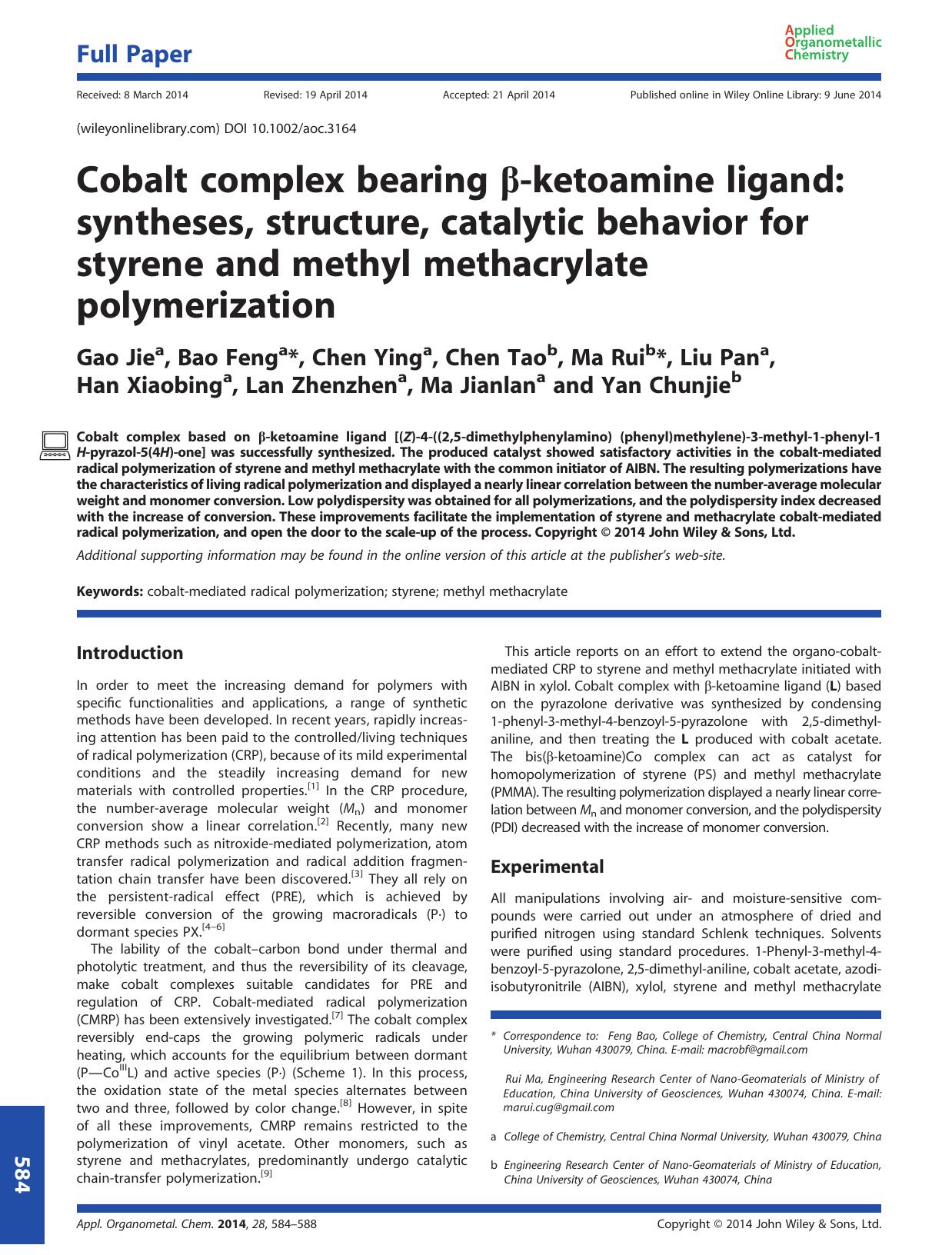 Cobalt complex bearing -ketoamine ligand: syntheses, structure, catalytic behavior for styrene and methyl methacrylate polymerization by unknow