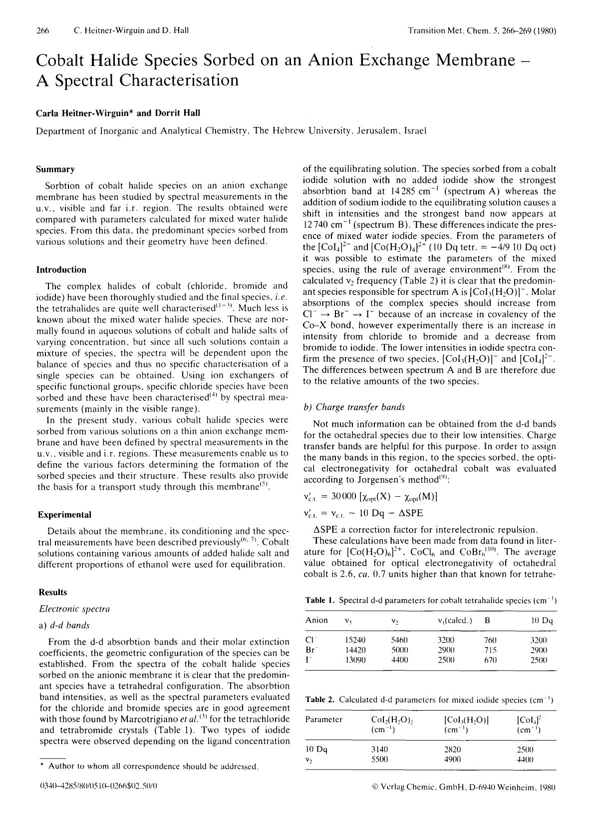 Cobalt halide species sorbed on an anion exchange membrane —a spectral characterisation by Unknown