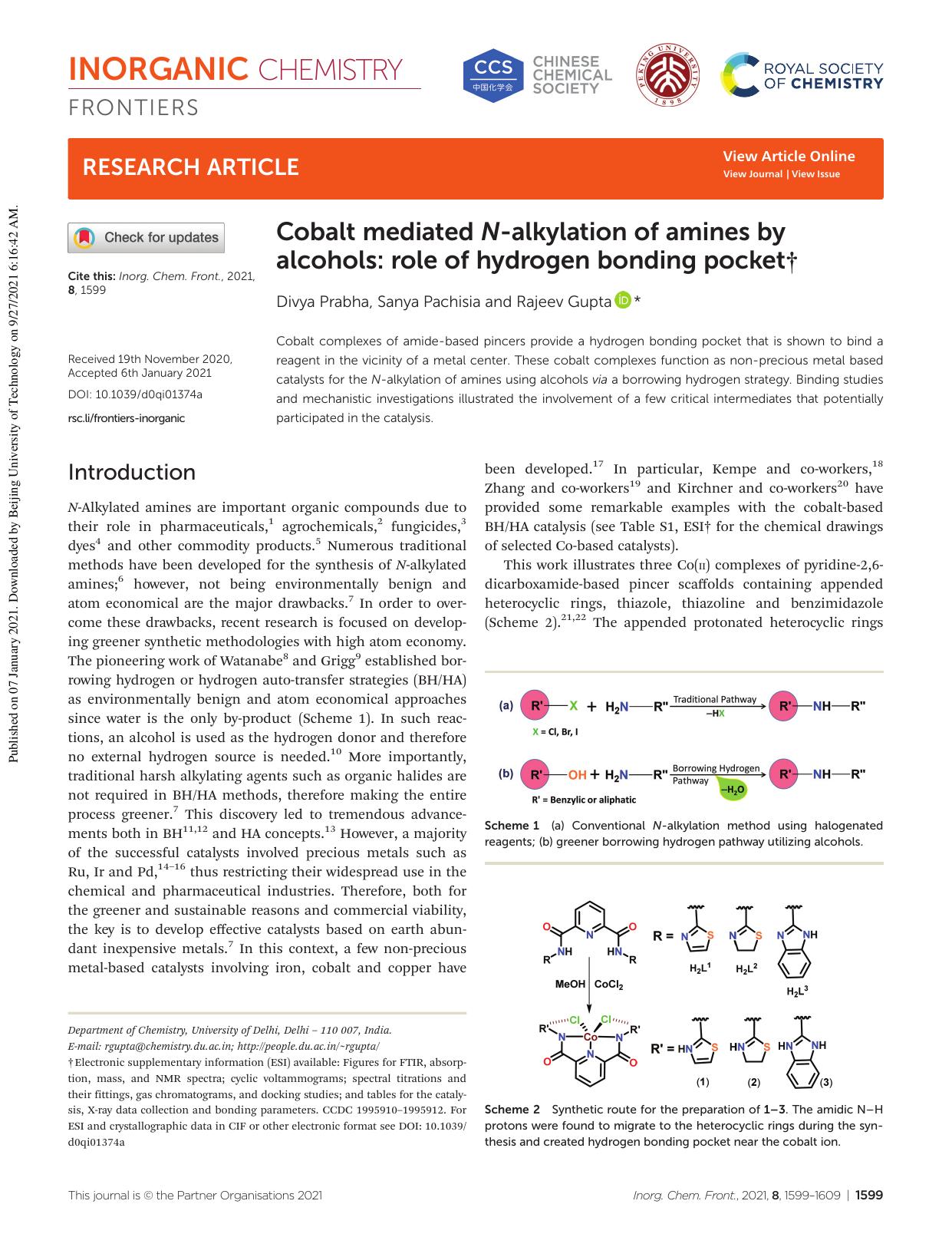 Cobalt mediated N-alkylation of amines by alcohols: role of hydrogen bonding pocket by Divya Prabha Sanya Pachisia Rajeev Gupta