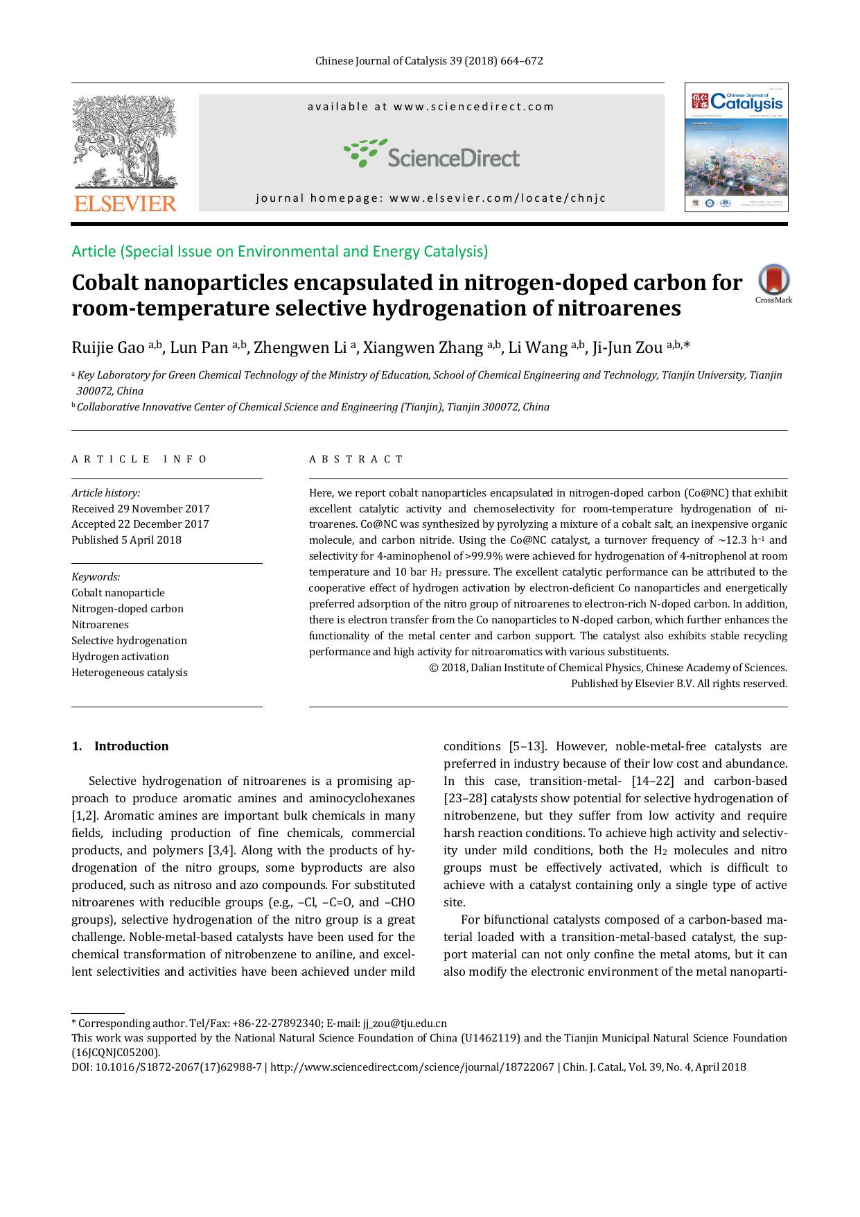 Cobalt nanoparticles encapsulated in nitrogen-doped carbon for room-temperature selective hydrogenation of nitroarenes by Ruijie Gao & Lun Pan & Zhengwen Li & Xiangwen Zhang & Li Wang & Ji-Jun Zou